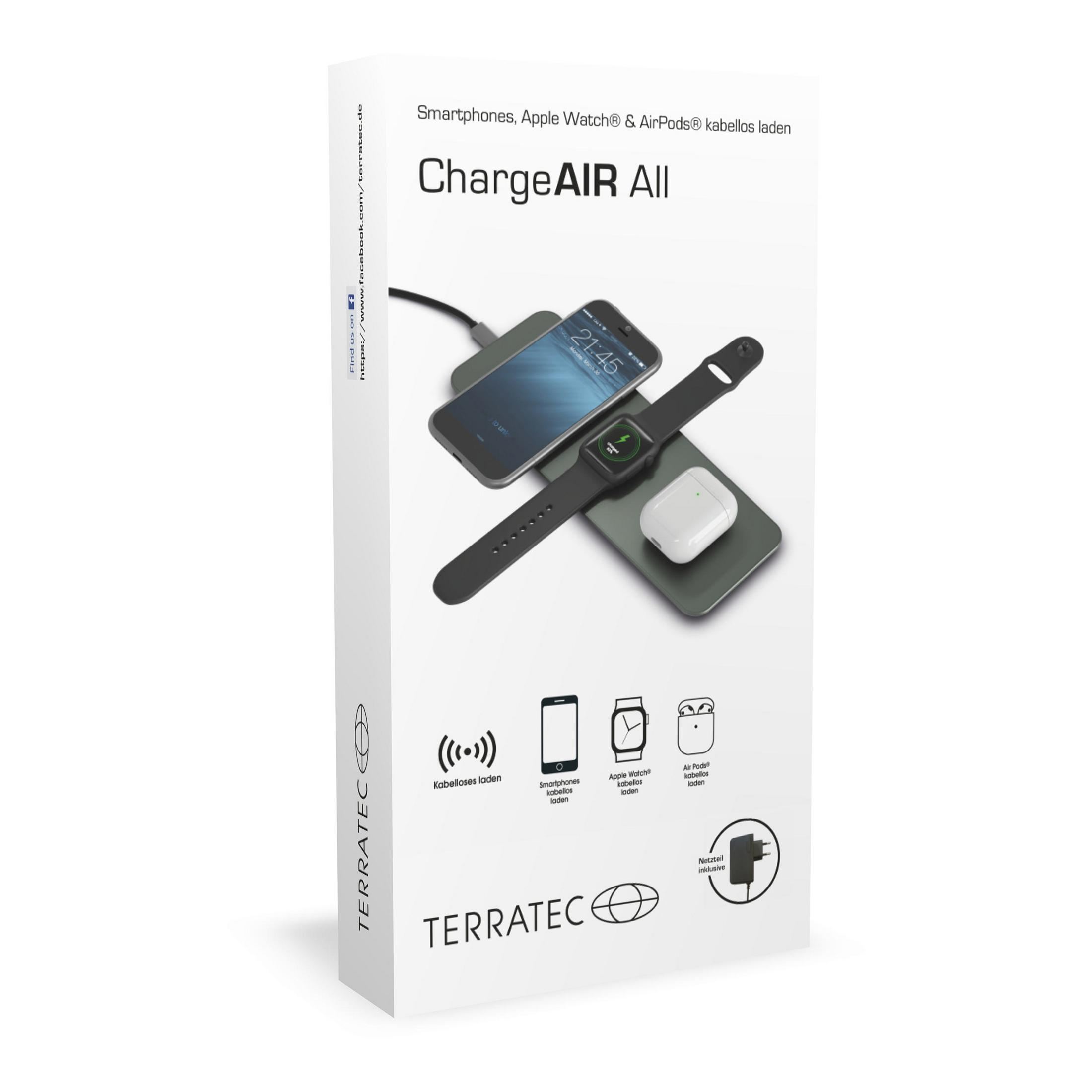 Eine Box mit einem Smartphone, einer Smartwatch und Ohrhörern, die auf einem Pad geladen werden.