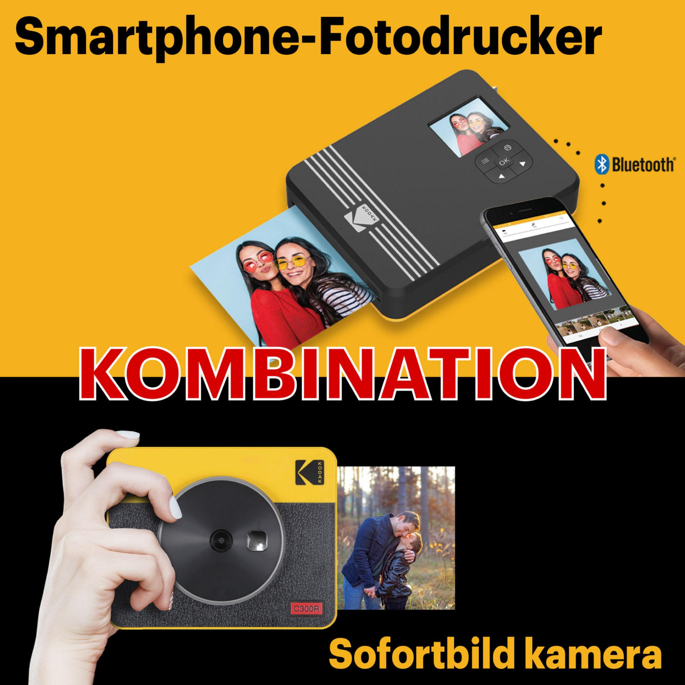 Une imprimante noire avec des photos. Une personne tient un appareil photo instantané jaune.