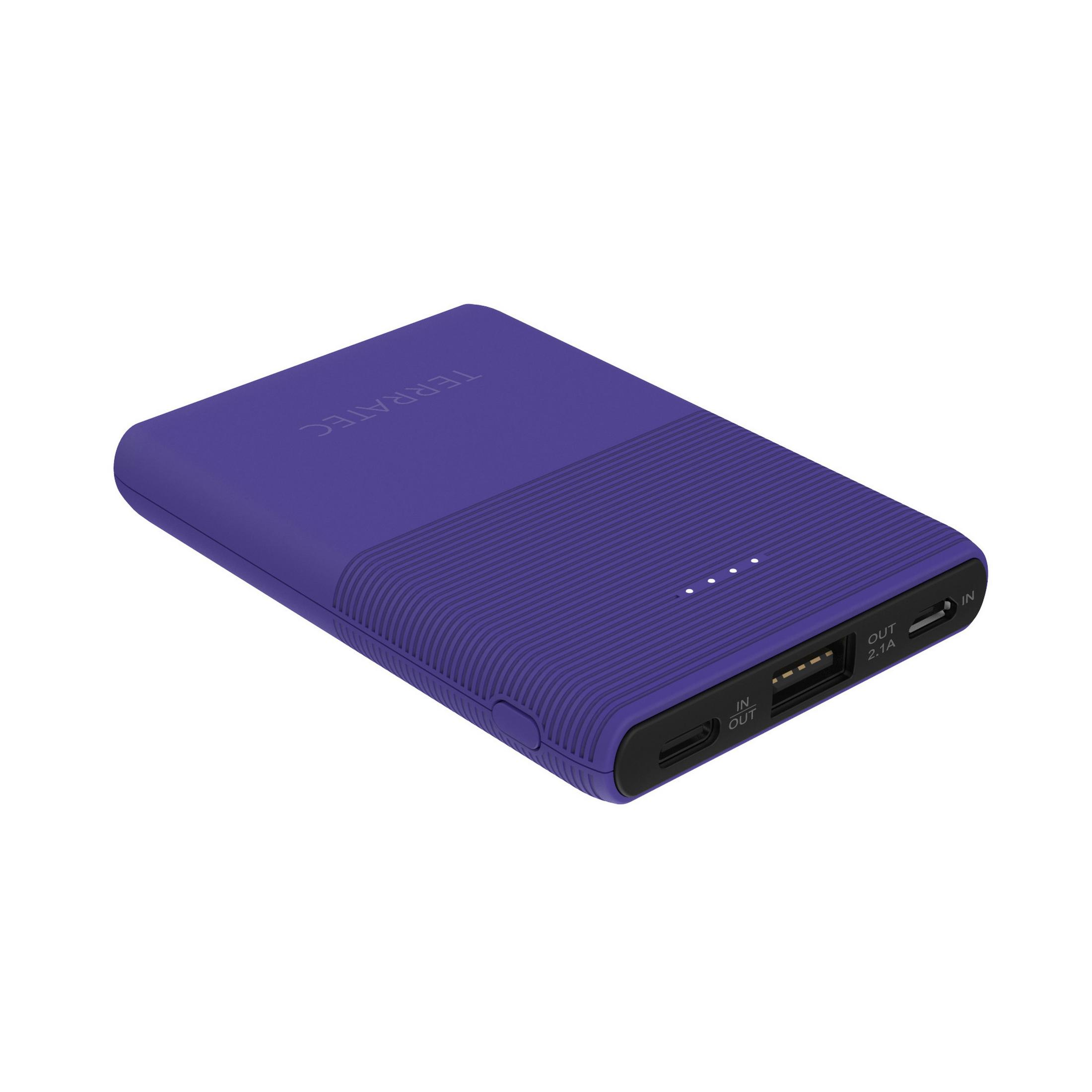 Un power bank Terratec viola con porte e pulsanti.