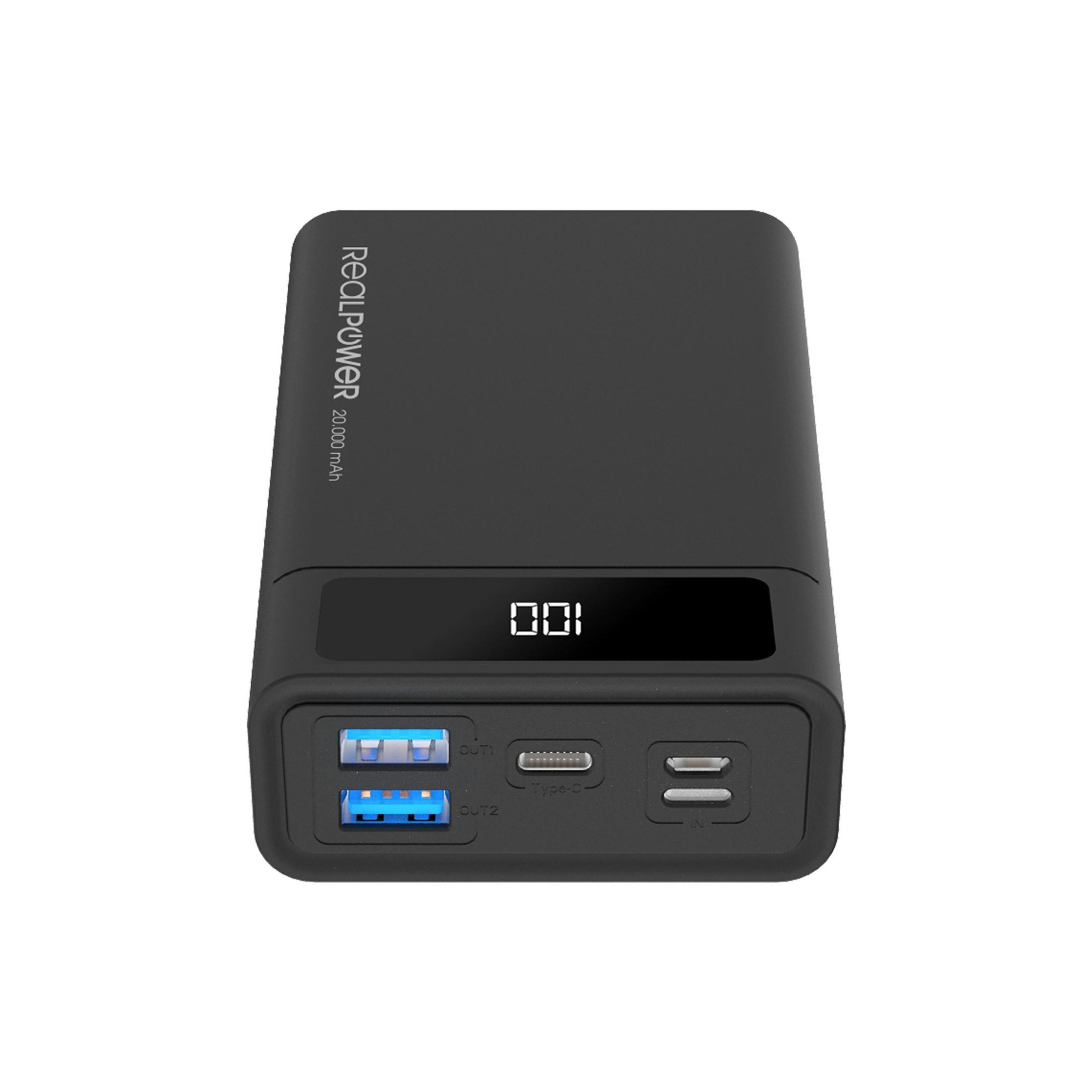 Eine schwarze Powerbank mit digitaler Anzeige und USB-Anschlüssen.