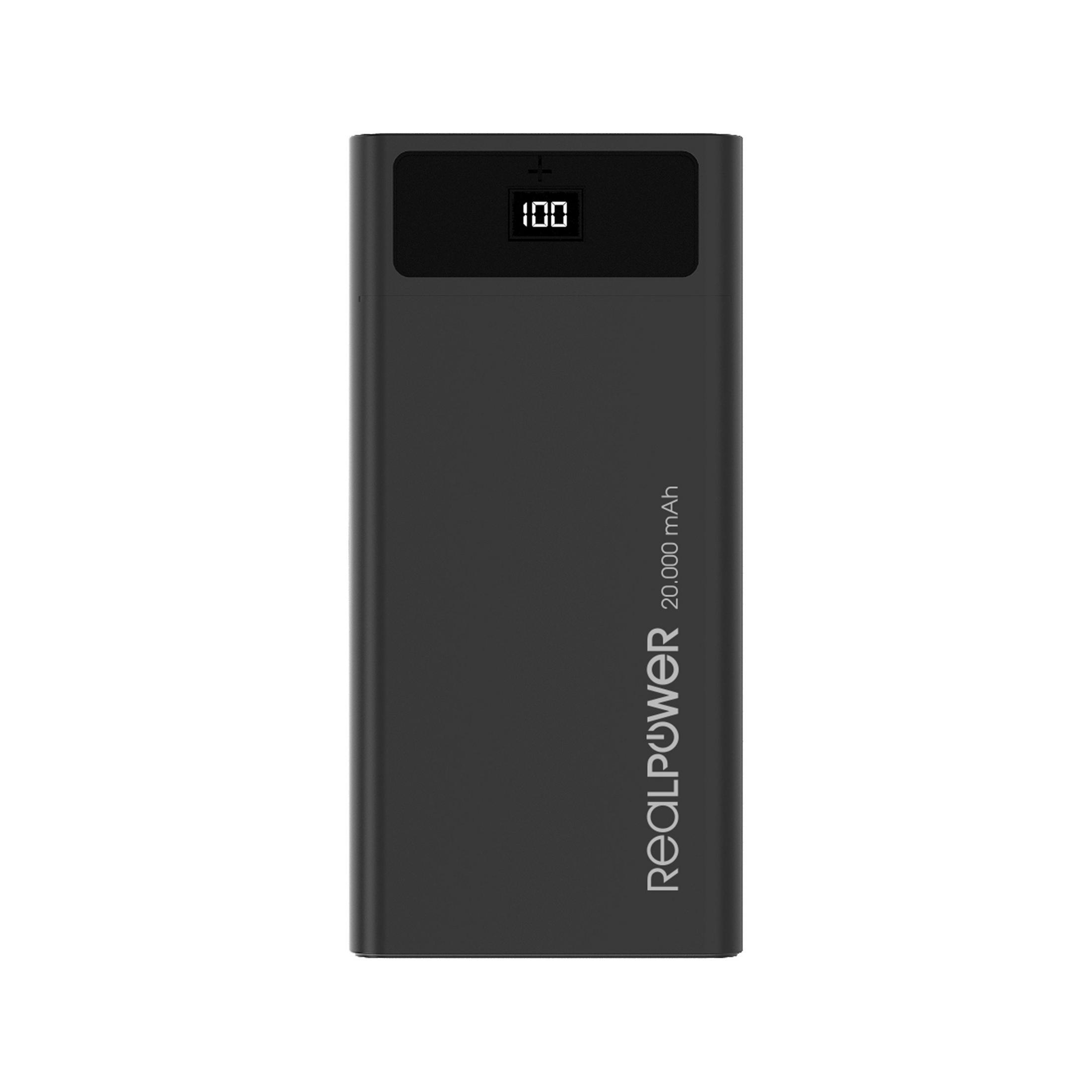 Schwarze Powerbank mit 100% Ladung. Weißer Hintergrund.