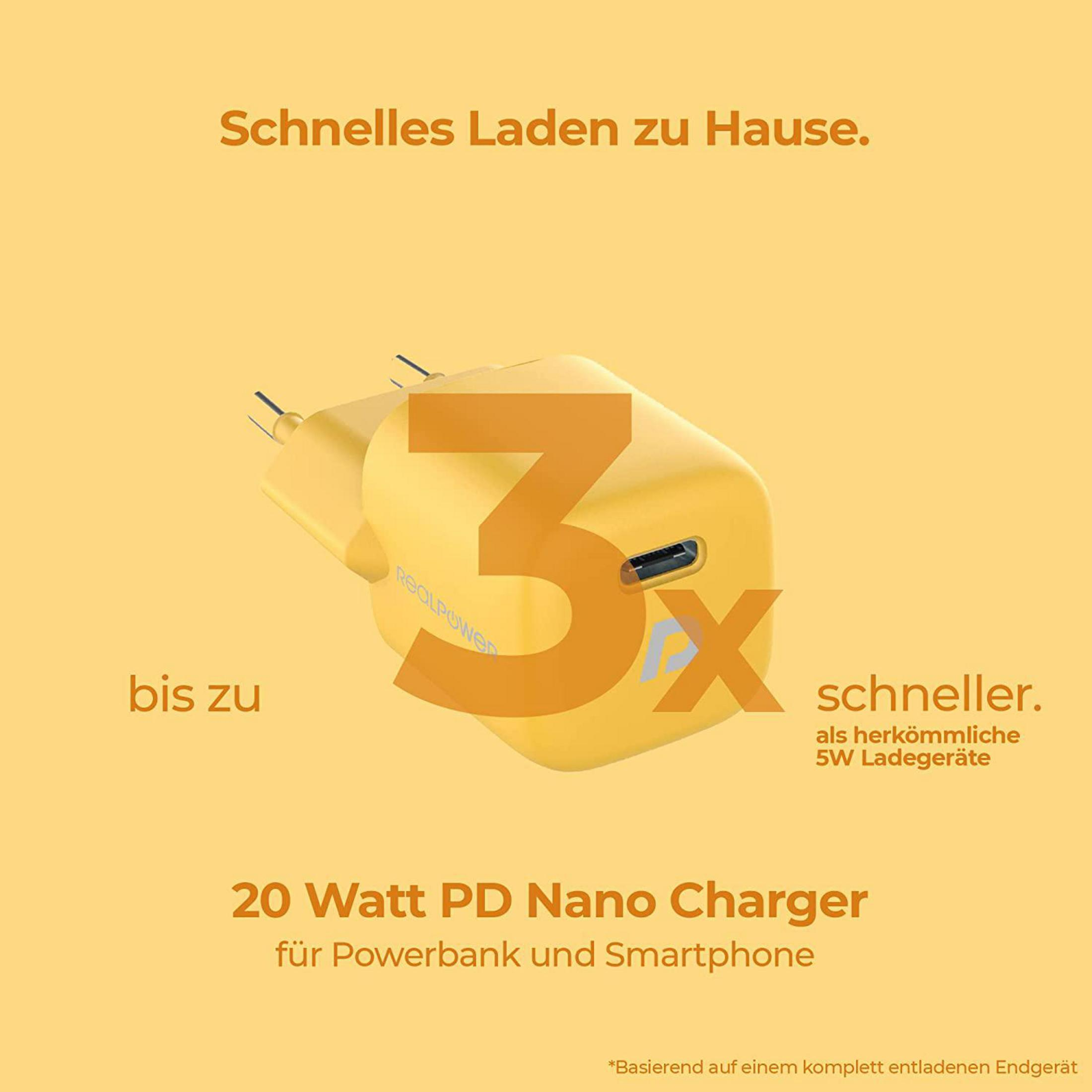Caricabatterie giallo con grande grafica '3' e testo sulla ricarica rapida per smartphone e powerbank.