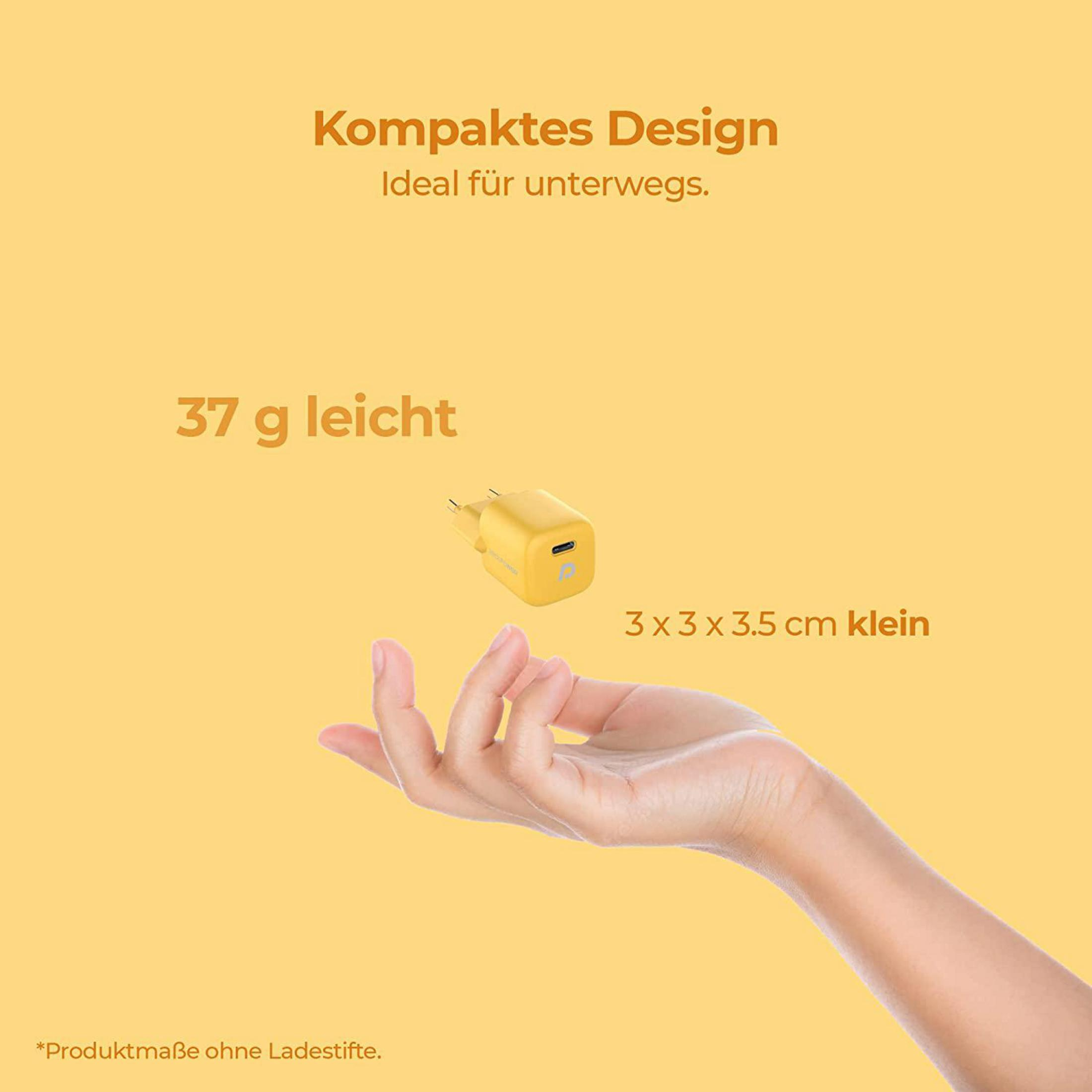 Caricabatterie giallo e mano con testo: Design compatto, 37 g leggero, 3x3x3,5 cm piccolo.
