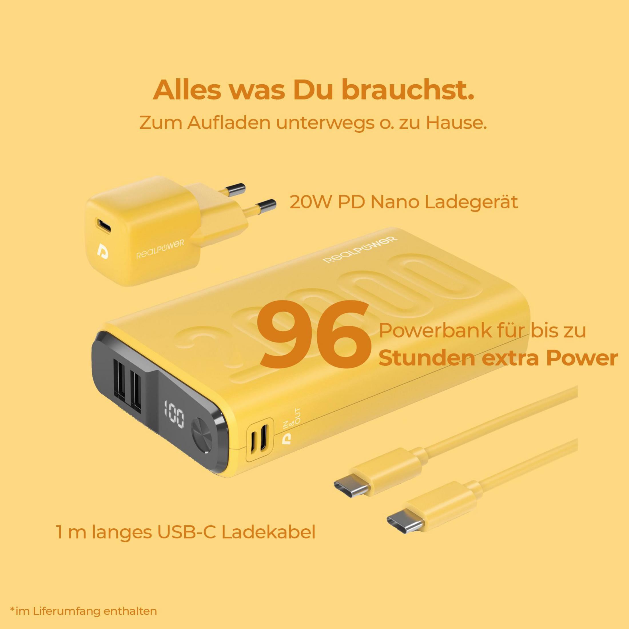 Power bank giallo con caricatore e cavi. Testo: '96 Powerbank per ore di energia extra'.