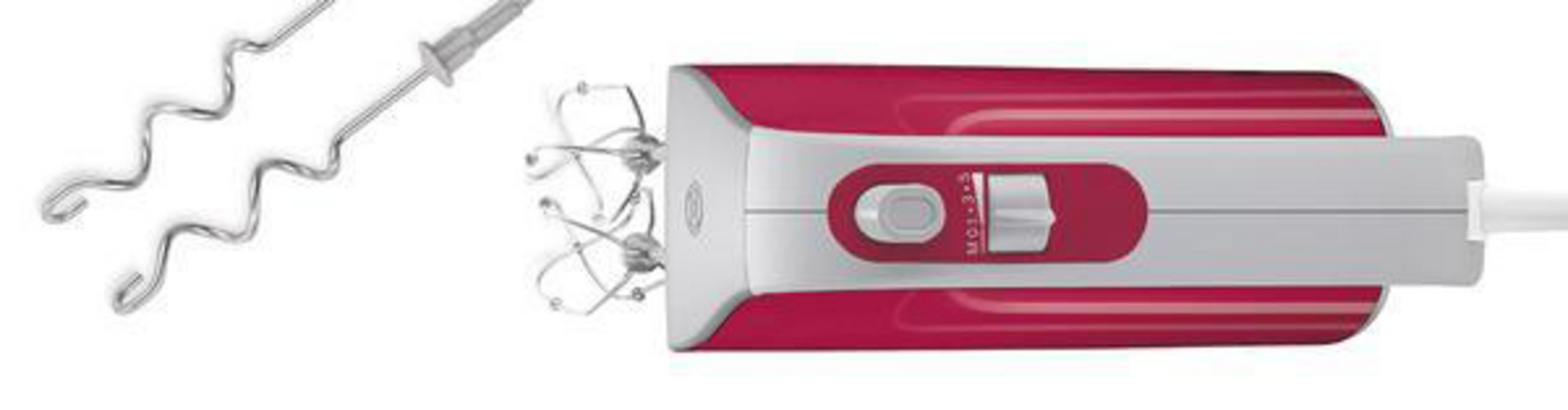 Mikser ręczny z trzepaczkami, schemat kolorów czerwono-srebrny, na białym tle.