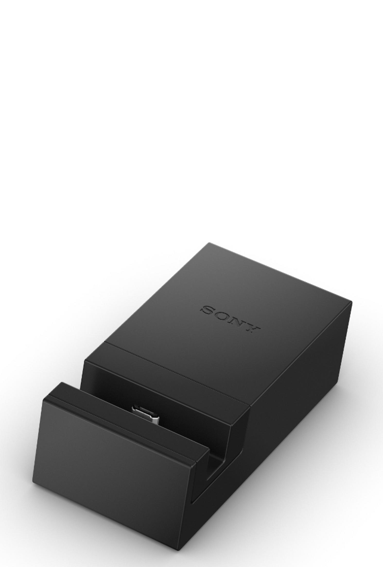 Schwarze Sony-Dockingstation. Sie hat einen Ladeanschluss und das Sony-Logo oben drauf.