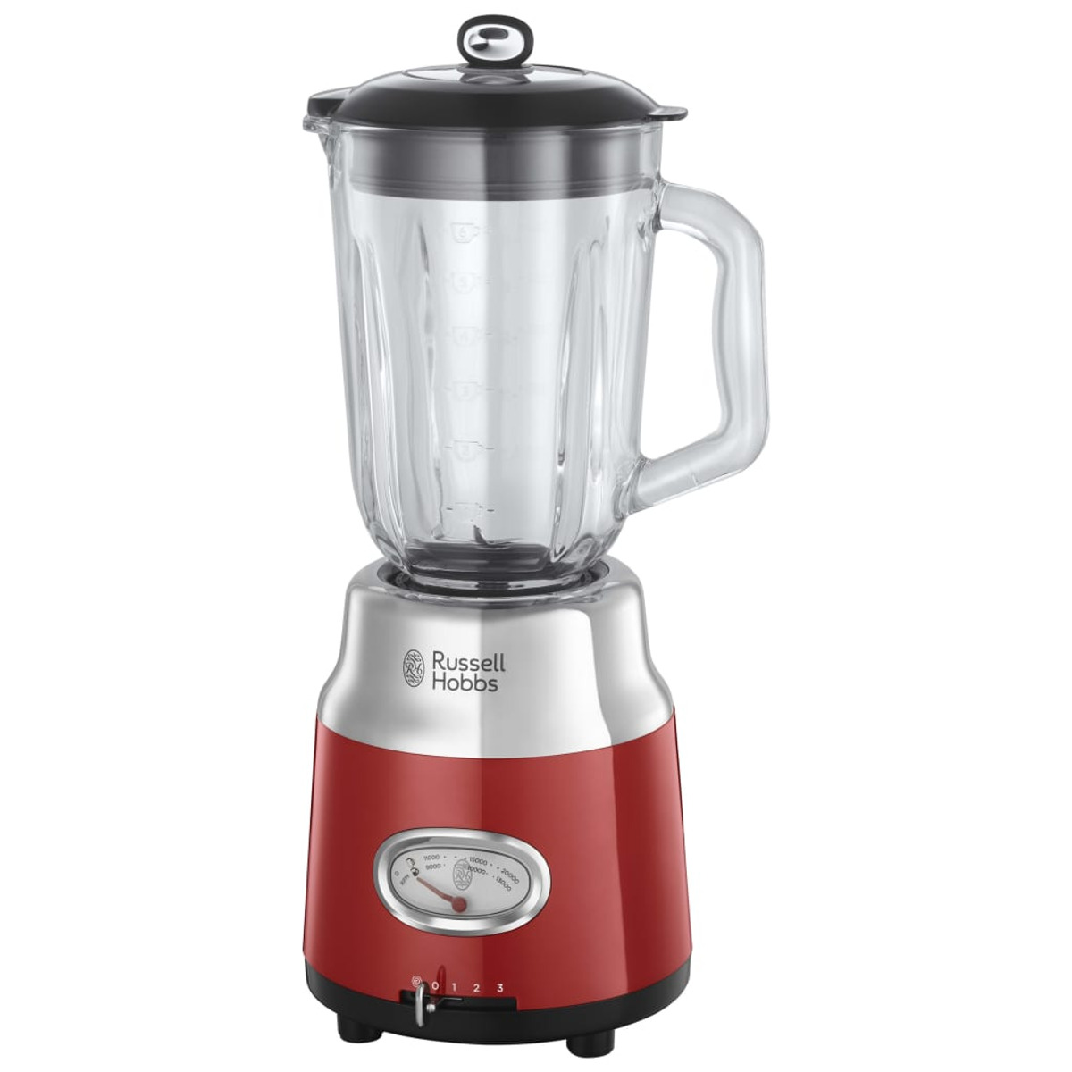 Kırmızı ve gümüş Russell Hobbs blender, cam kavanoz ve siyah kapaklı.