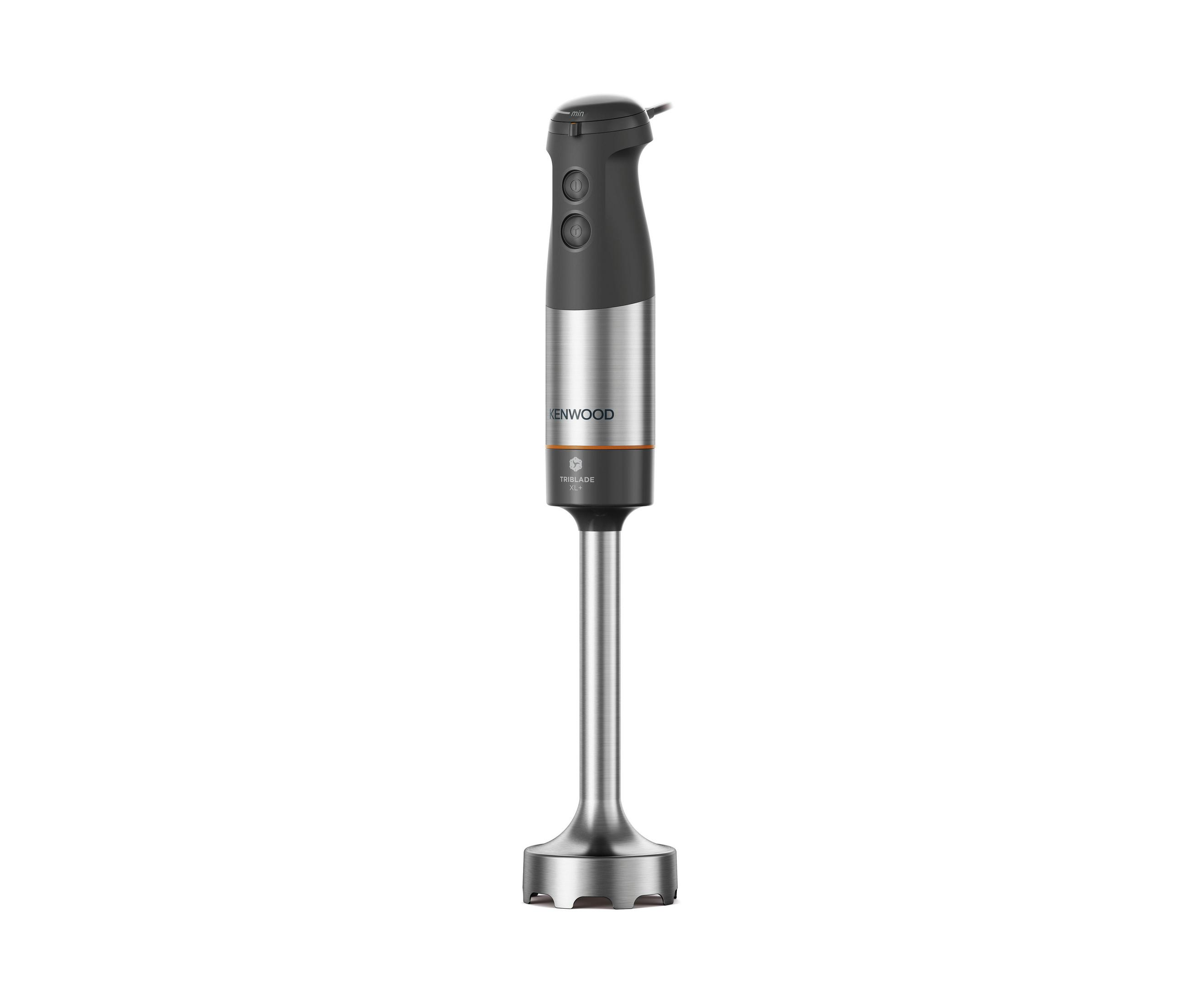 Een Kenwood staafmixer met een zwart en zilver ontwerp. De blender staat op een witte achtergrond.