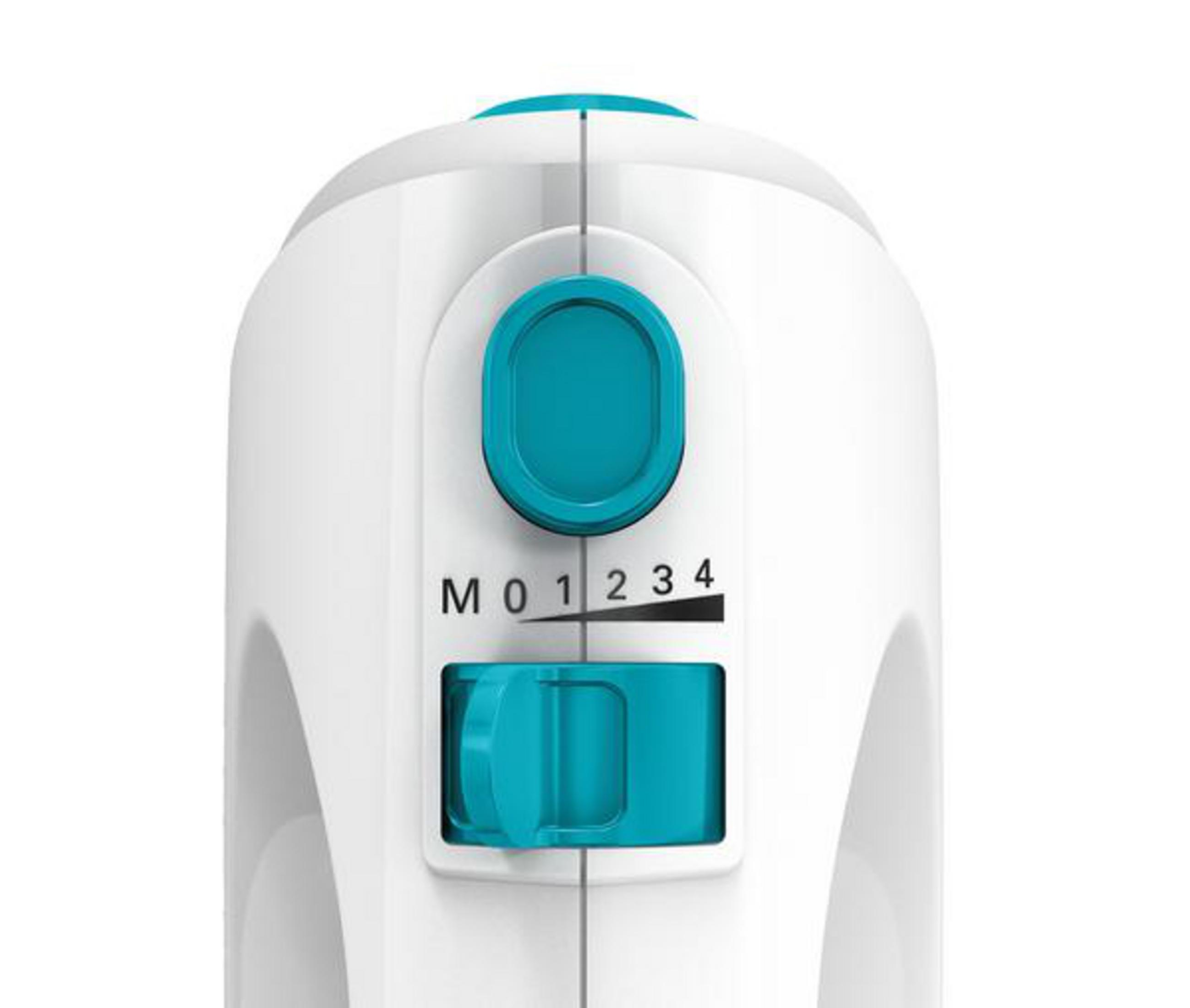A close-up of a white hand mixer's control panel. It has a dial and switch for speed settings.