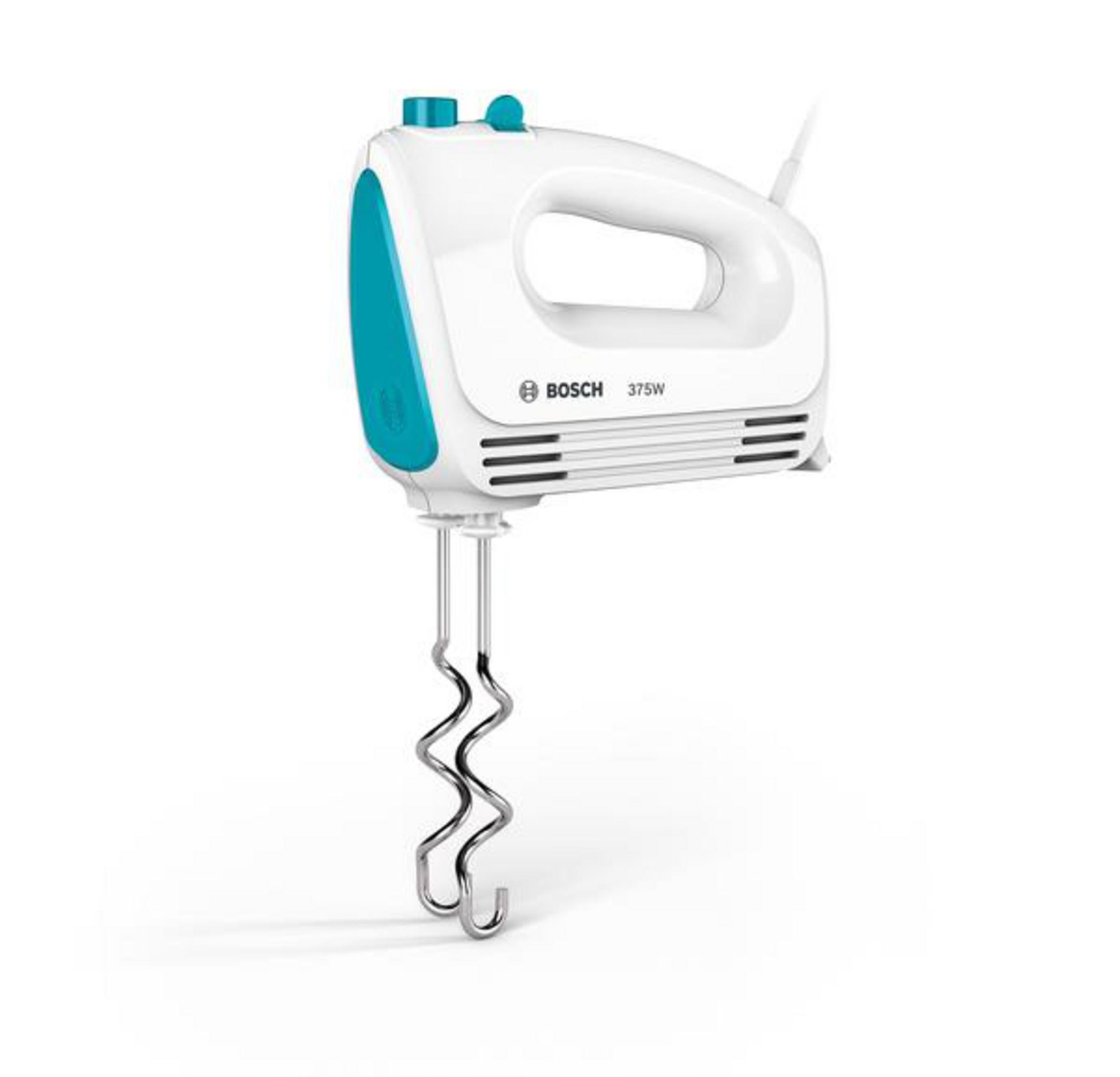 White and teal hand mixer. Bosch brand, 375W power, with beaters.