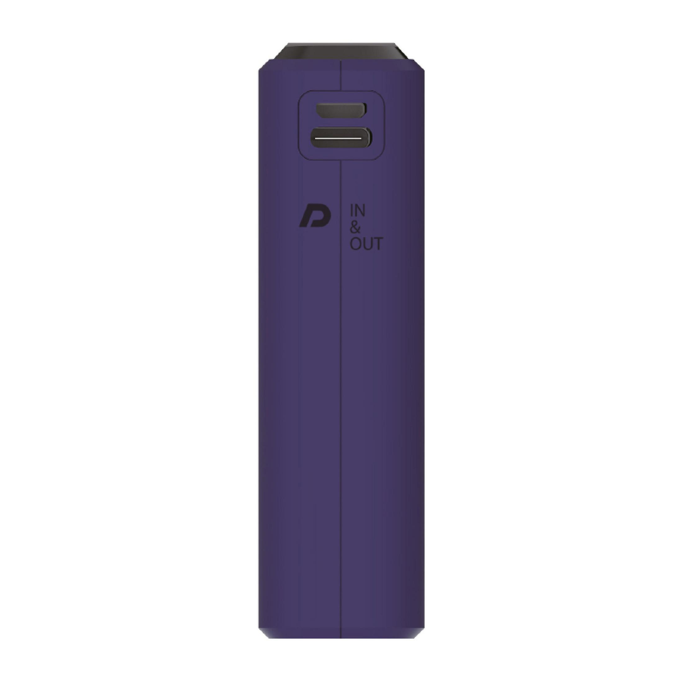 Un dispositivo viola con due porte USB. Lo sfondo è bianco.