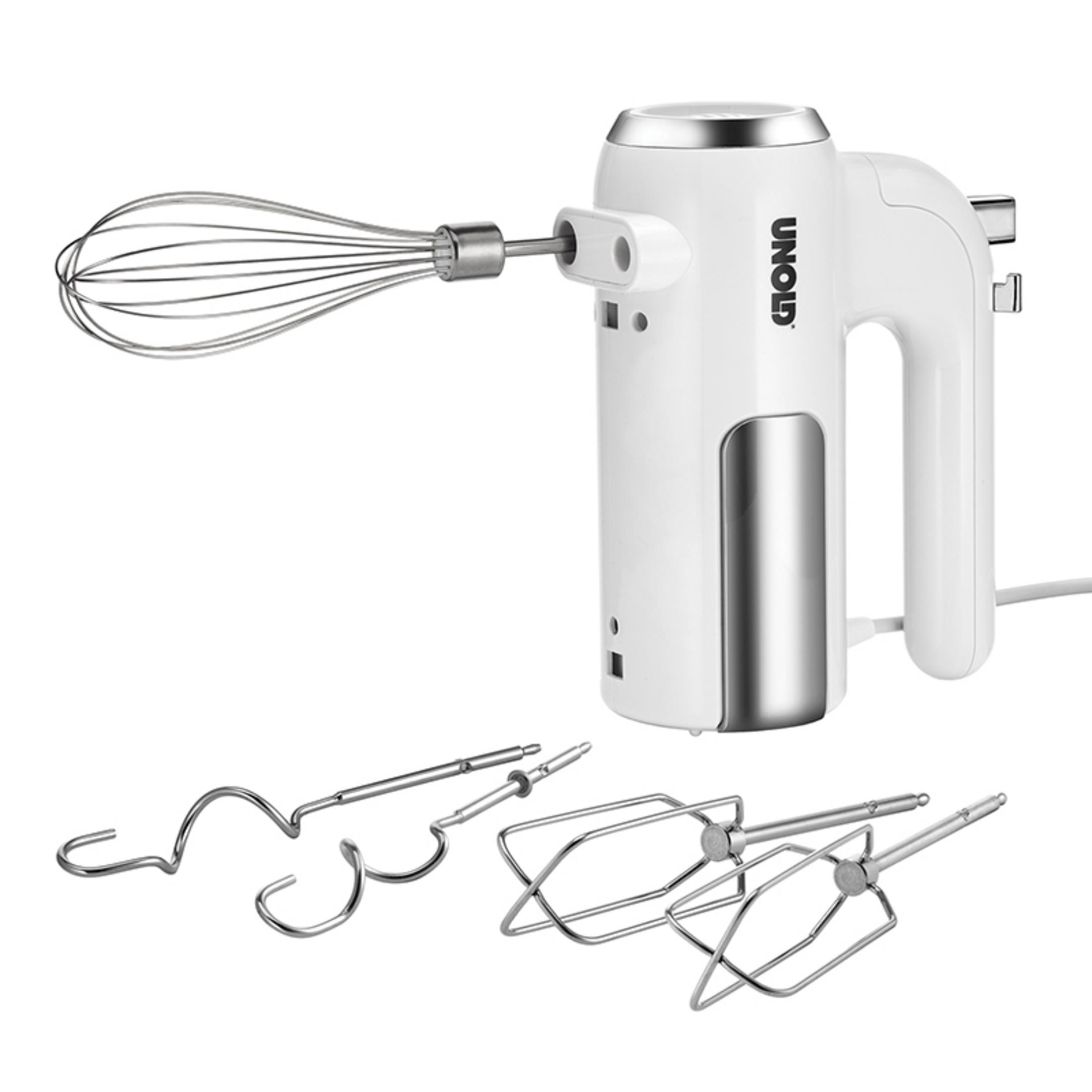 Weißer Handmixer mit Aufsätzen. Unold Markenname sichtbar.