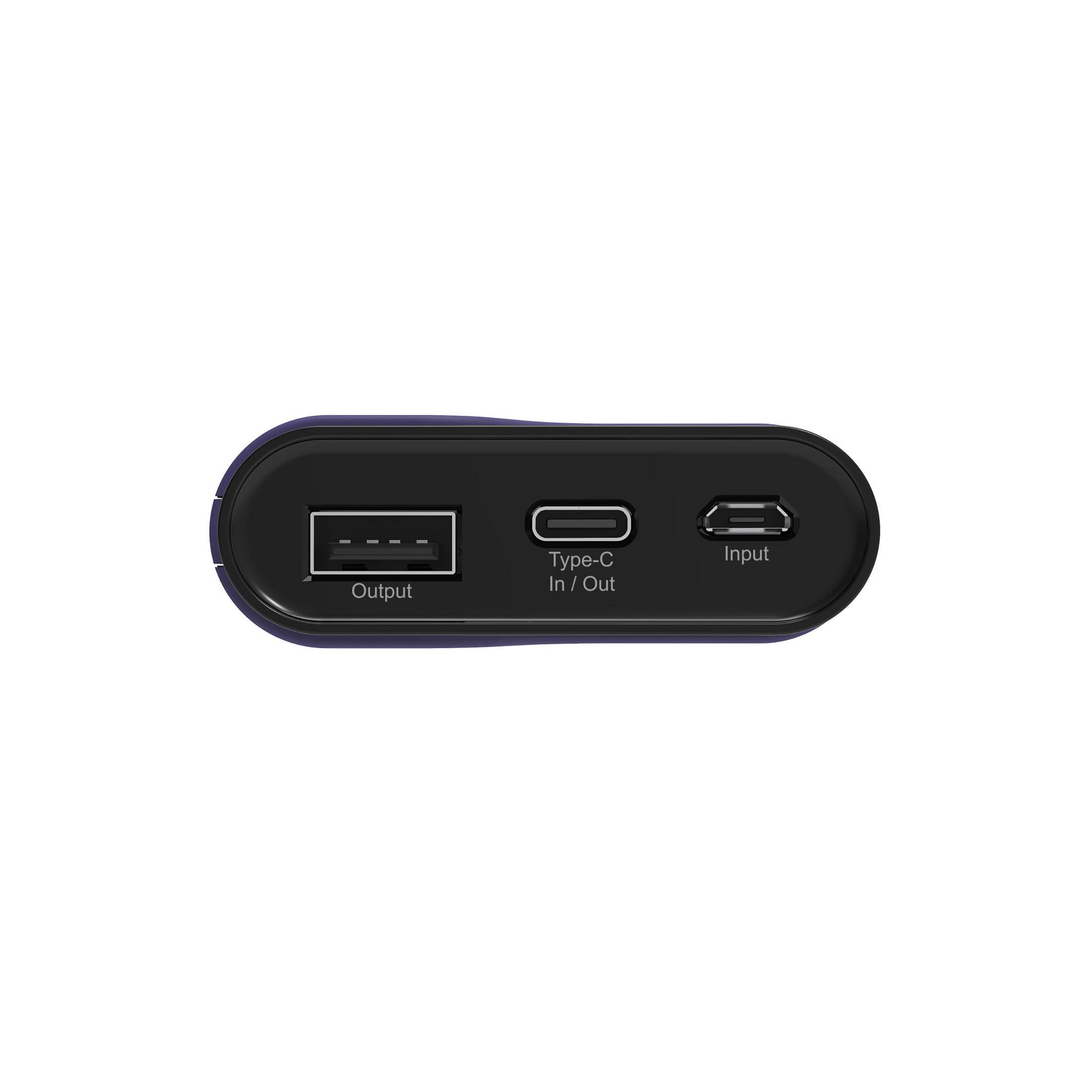 Power bank nero con porte di uscita, ingresso e USB-C.