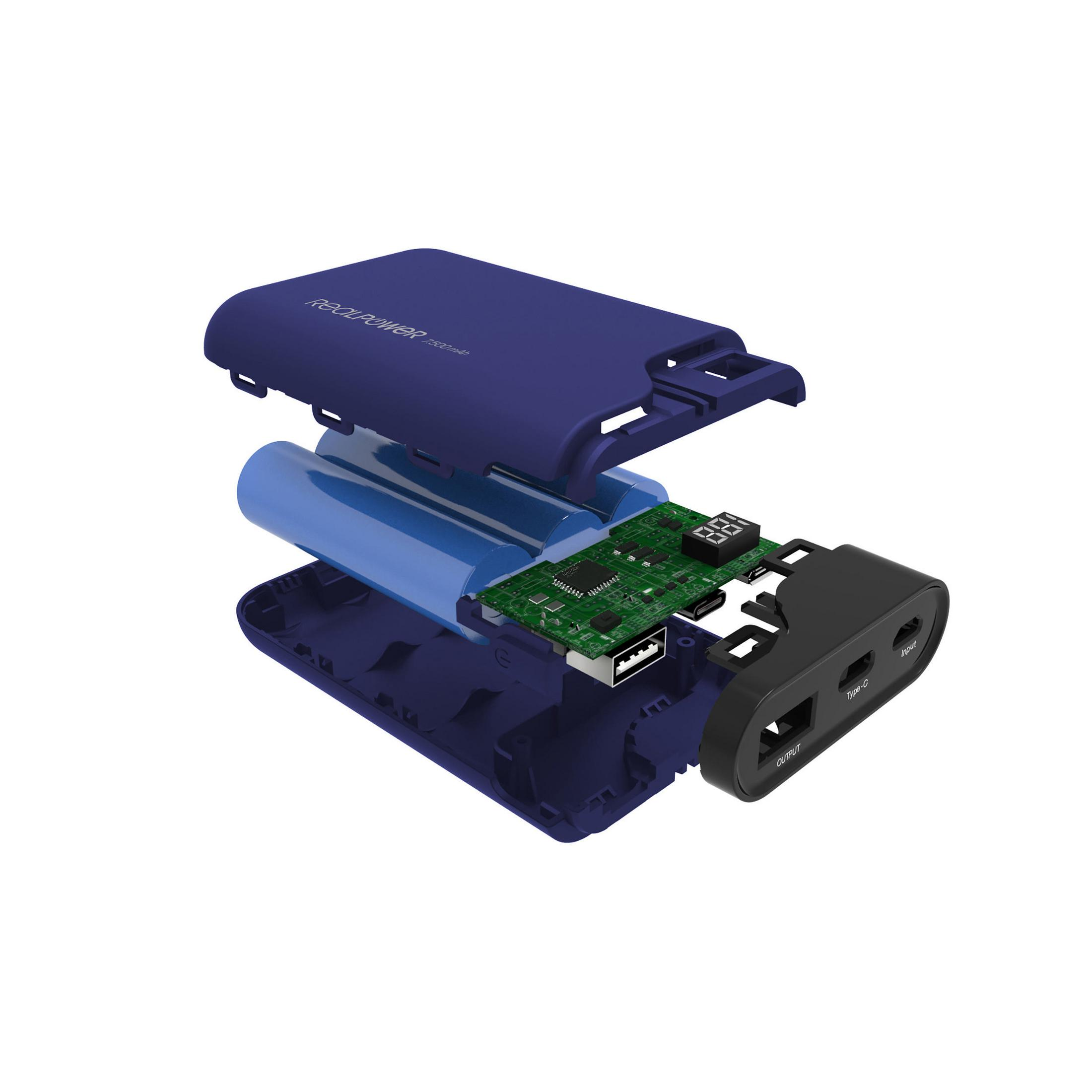 Power bank blu, smontato, che mostra batteria, circuito stampato e porte.
