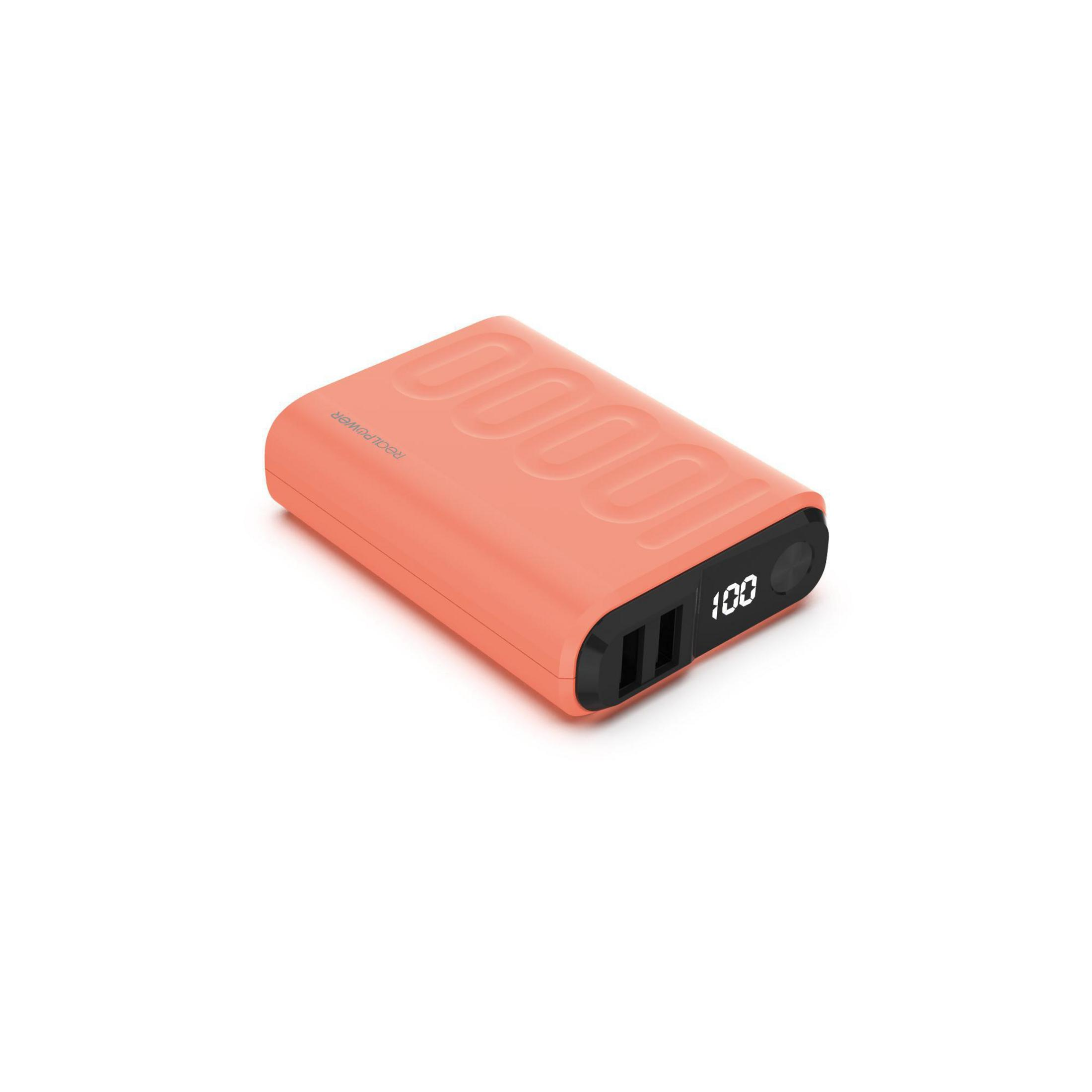 Power bank color corallo con display digitale che mostra 100 e due porte USB.