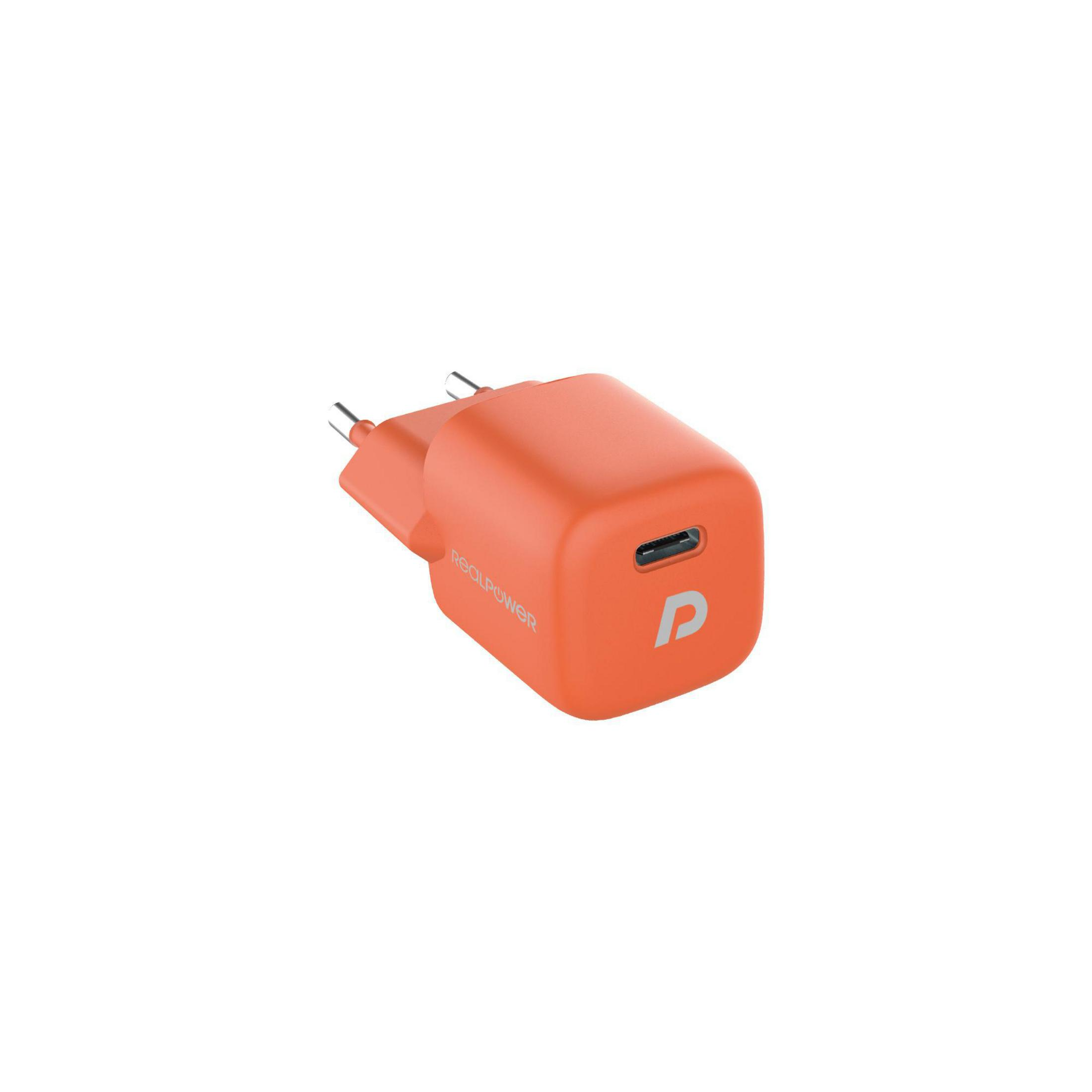 Caricabatterie Realpower arancione con porta USB-C e logo Realpower.