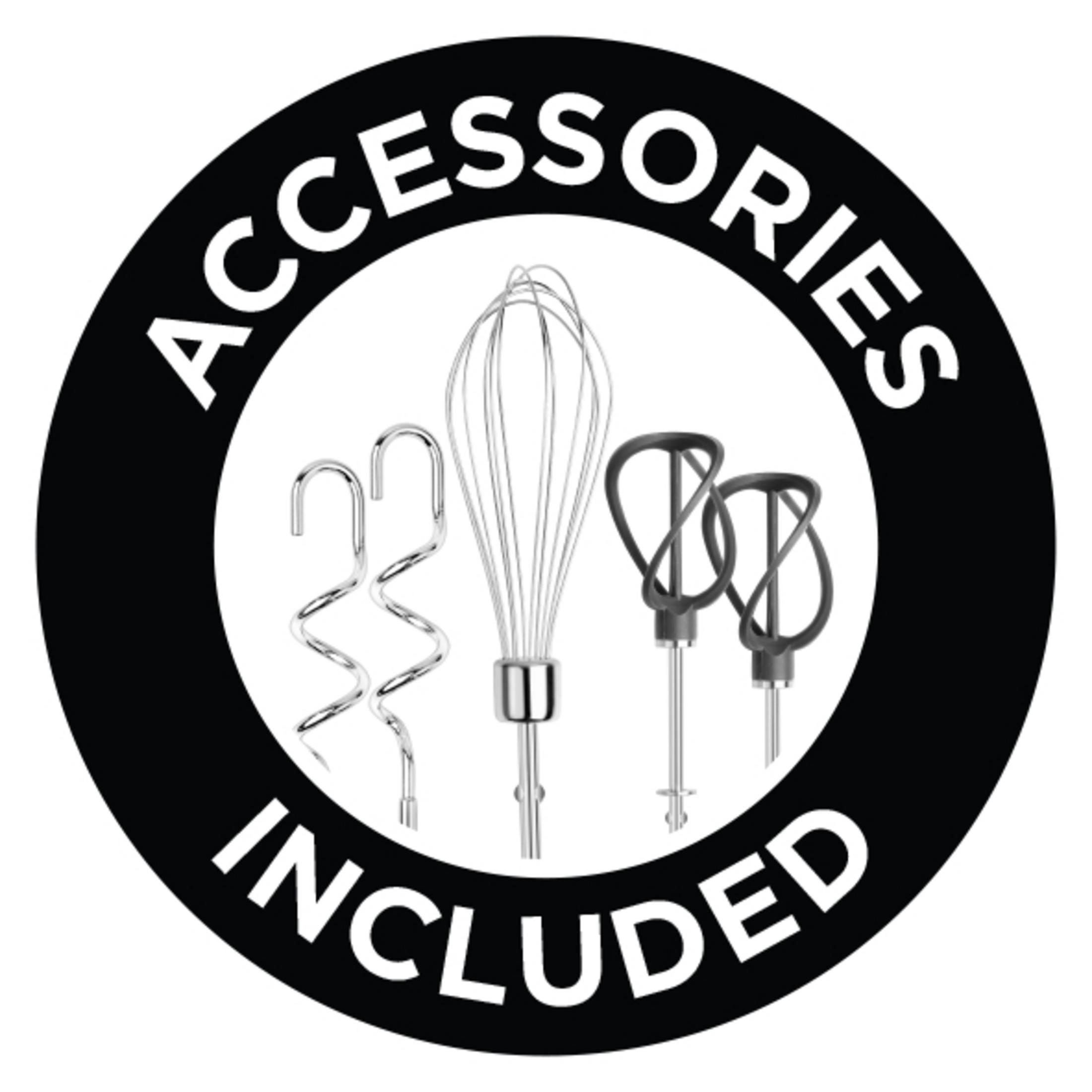 Accessories included label with various mixer attachments in black circle.