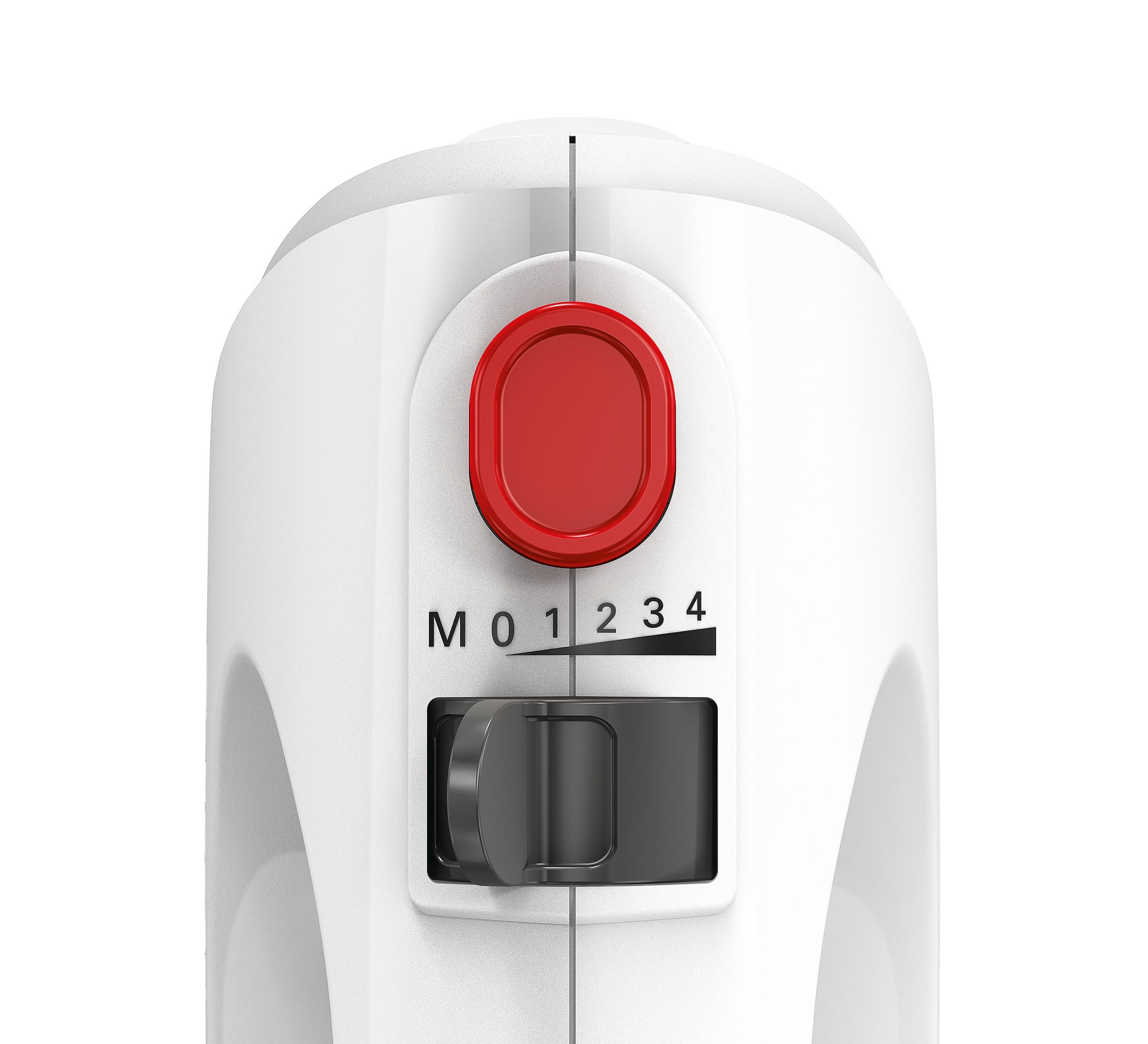 Biały mikser ręczny z ustawieniami prędkości i czerwonym przyciskiem.