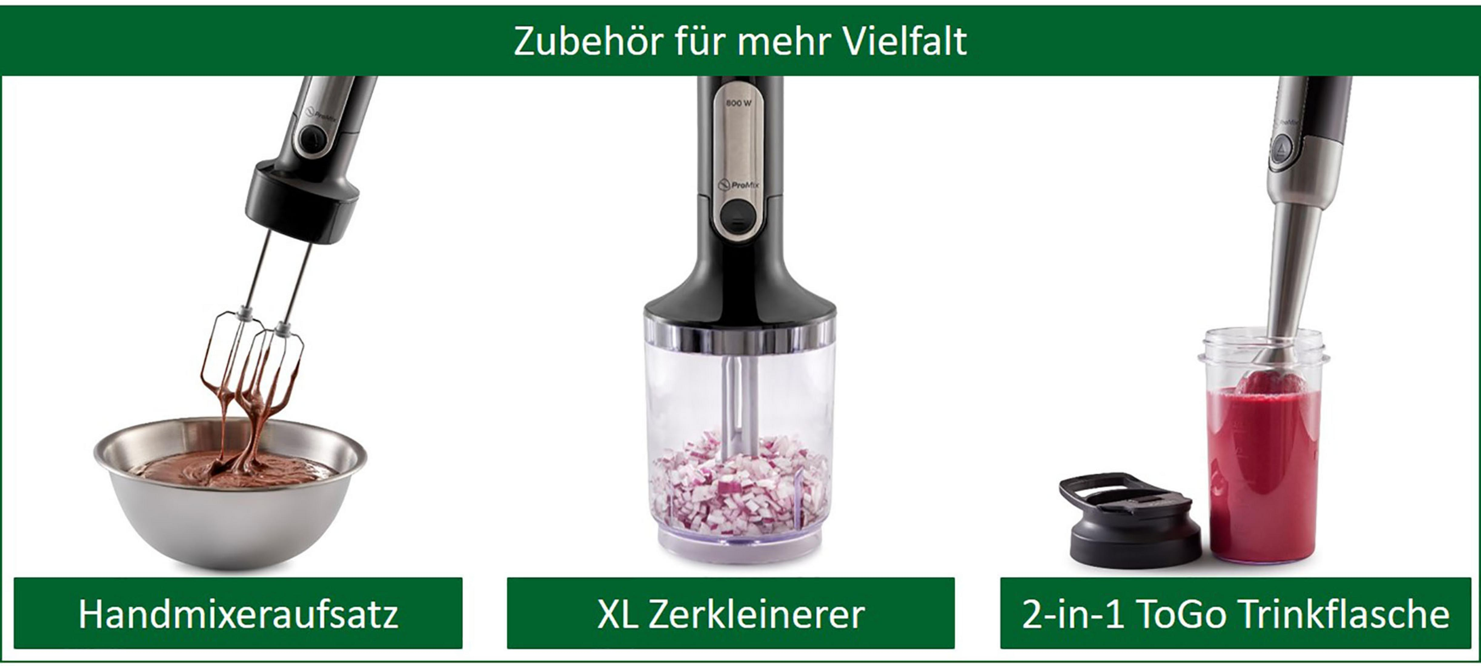 Görselde, çırpıcı, doğrayıcı ve 2'si 1 arada ToGo şişesi gibi aksesuarlarla bir el blenderi gösteriliyor.