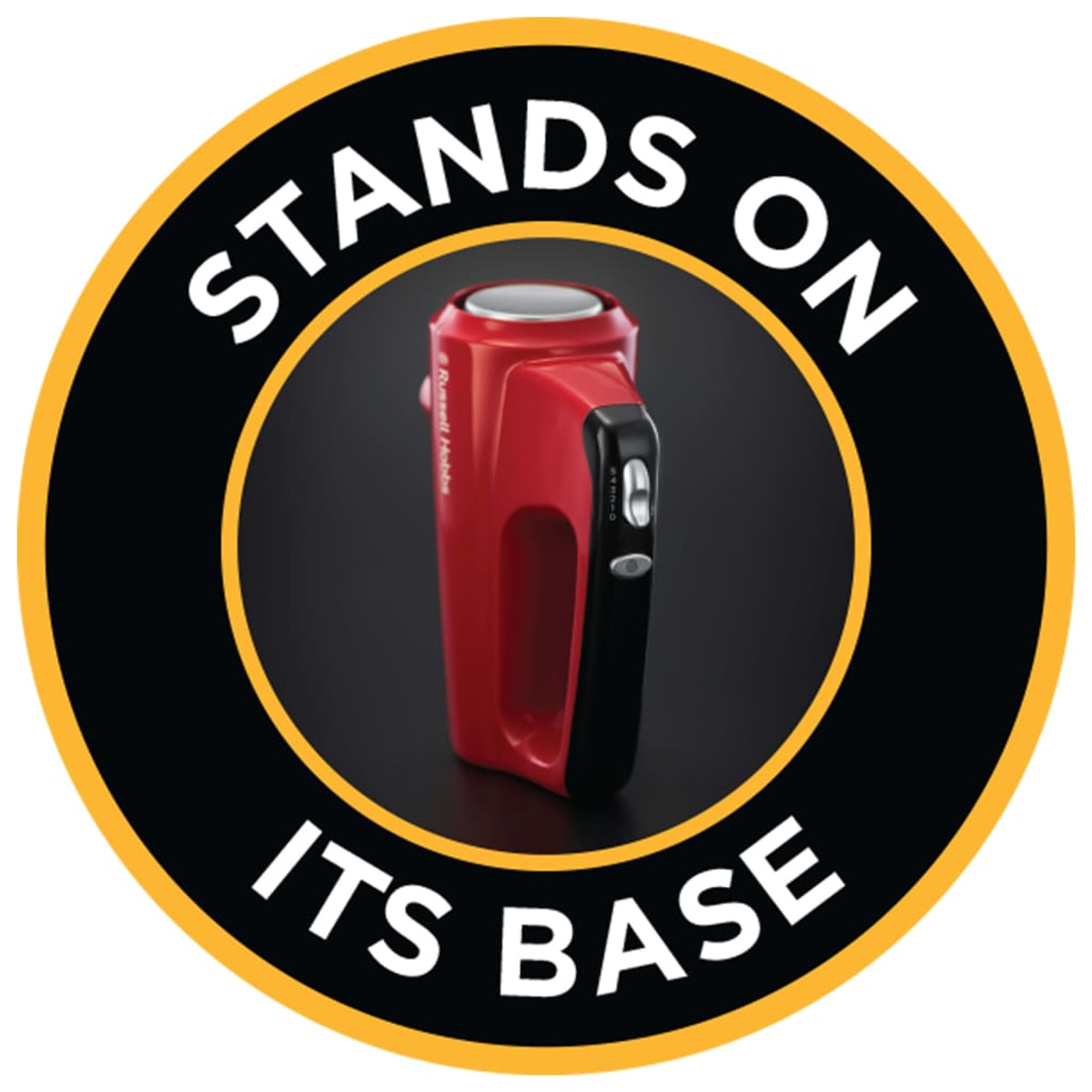 Czerwony mikser ręczny stoi na swojej podstawie. Otacza go czarno-żółte okrągłe logo.