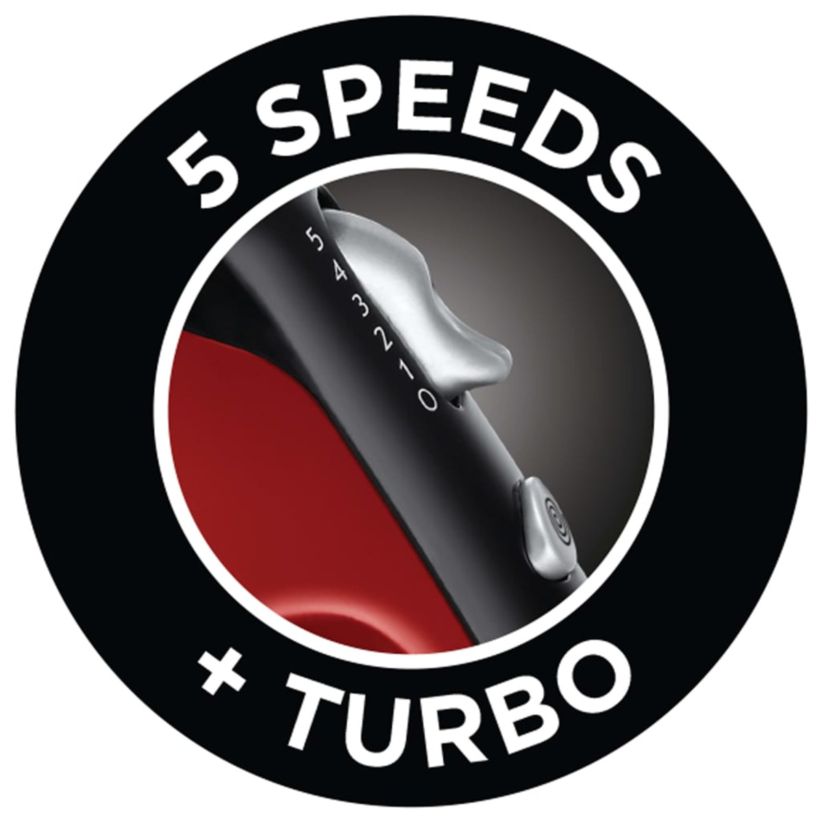 Czarny i czerwony regulator do blendera ręcznego, z 5 prędkościami i turbo.