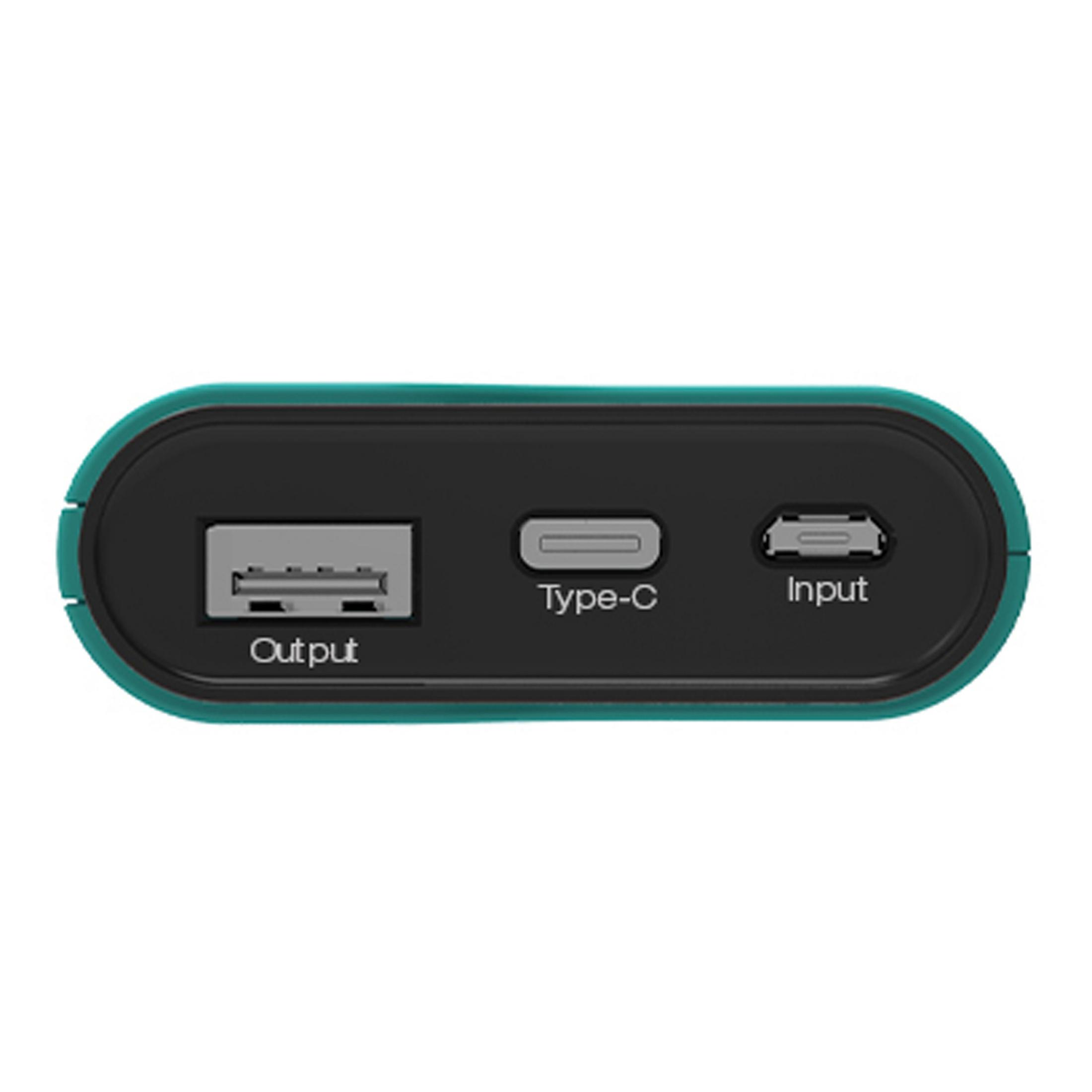 Power bank verde acqua con porte USB, Type-C e input, vista dall'alto.
