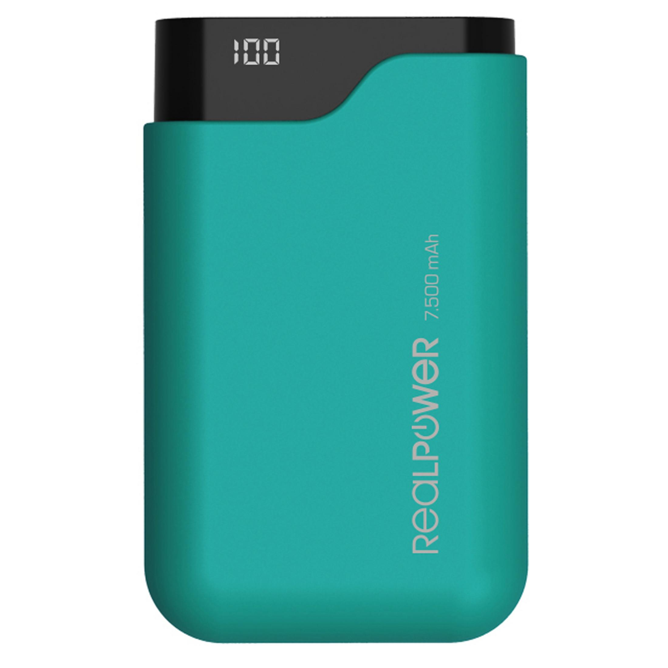 Power bank turchese con display digitale 100. Testo bianco 'REALPOWER' e '7.500 mAh'.