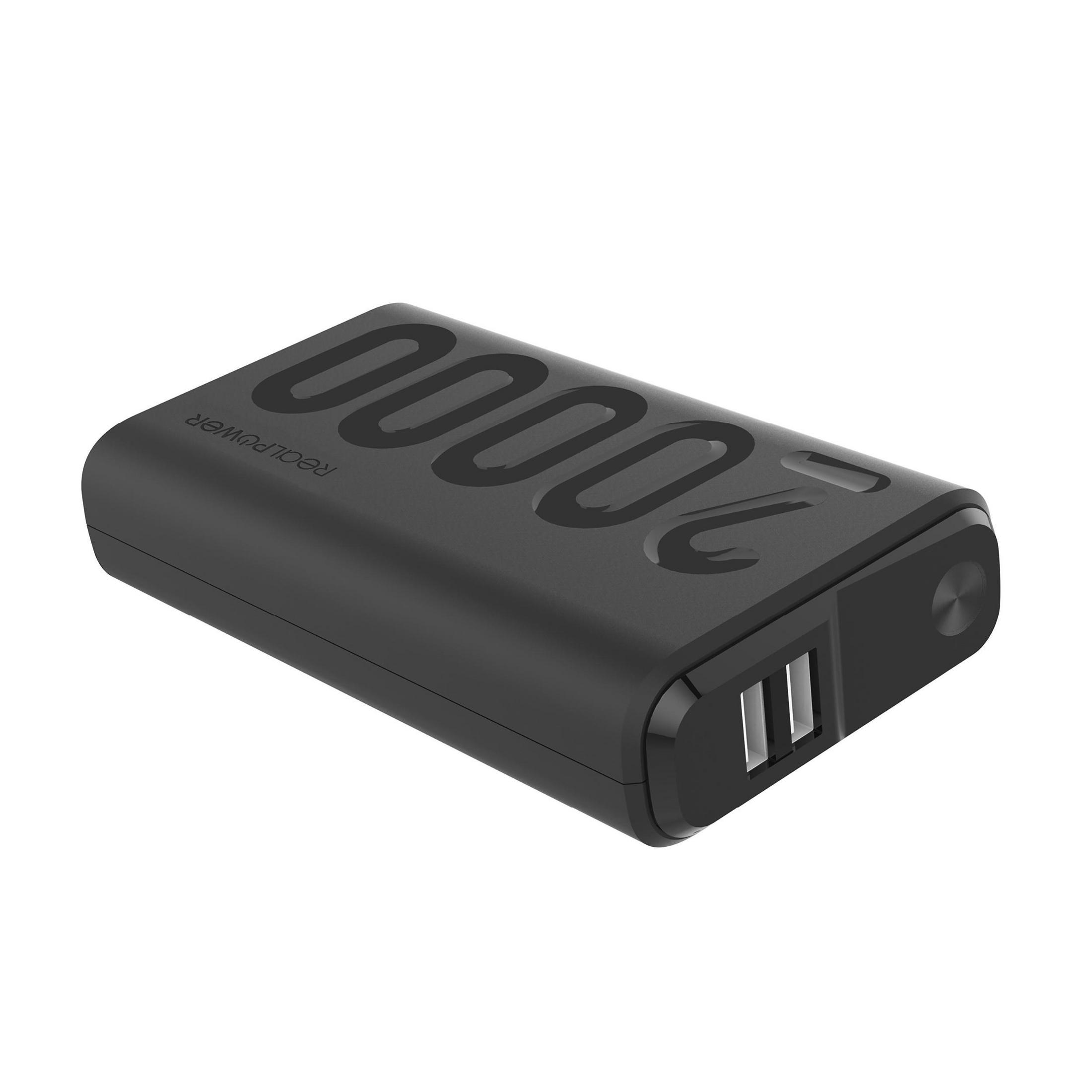 Schwarze Powerbank mit 20000-Aufdruck und USB-Anschlüssen.