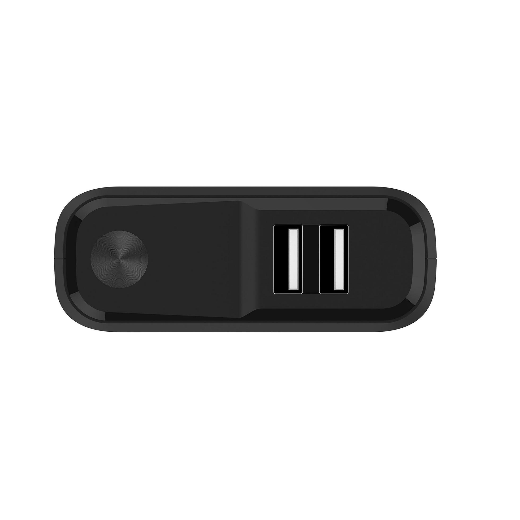 Schwarzes Dual-USB-Ladegerät. Mit Knopf, zwei USB-Anschlüssen und einem schlanken Design.