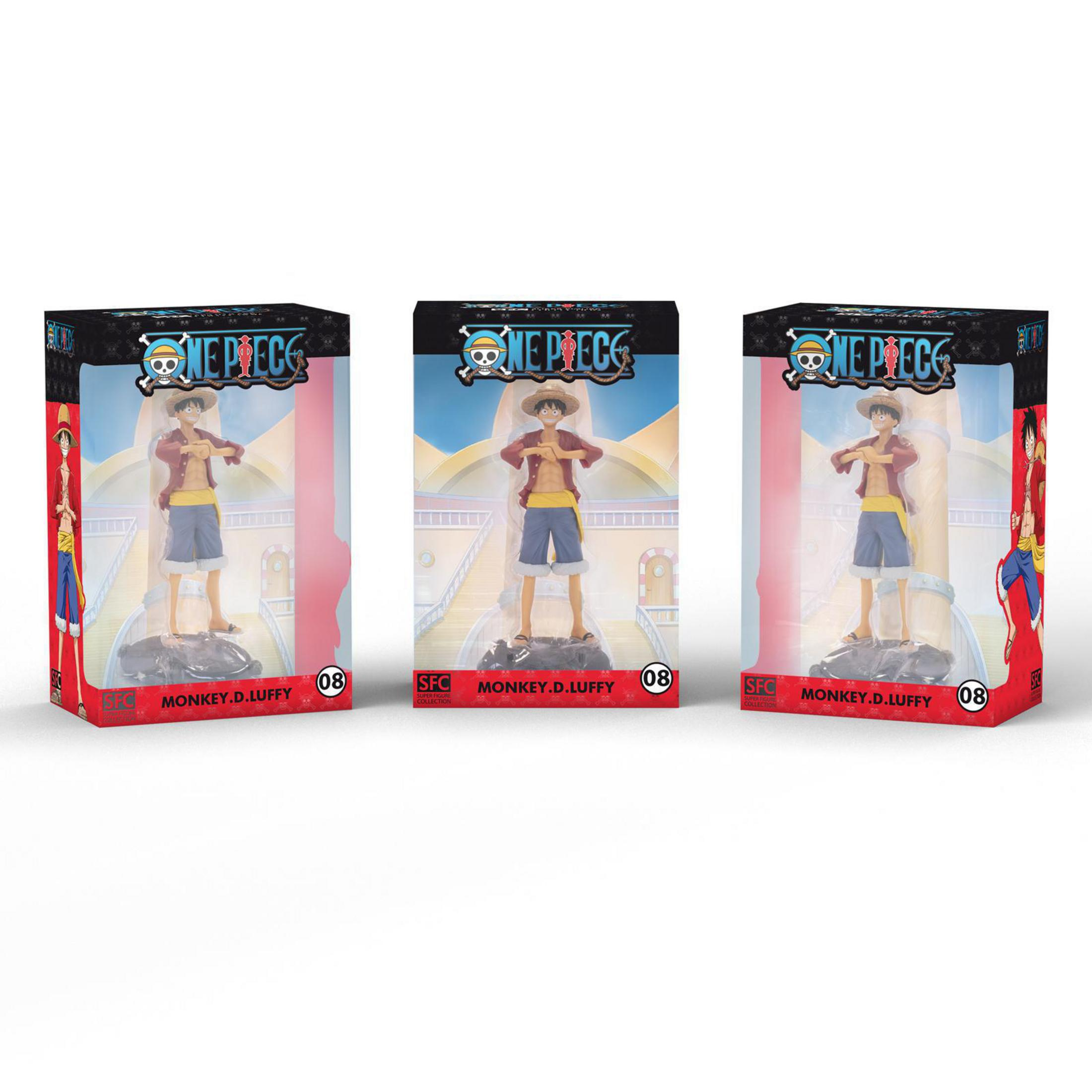 Drei One Piece Luffy-Figuren in Boxen, jede zeigt Luffy in einer Pose.