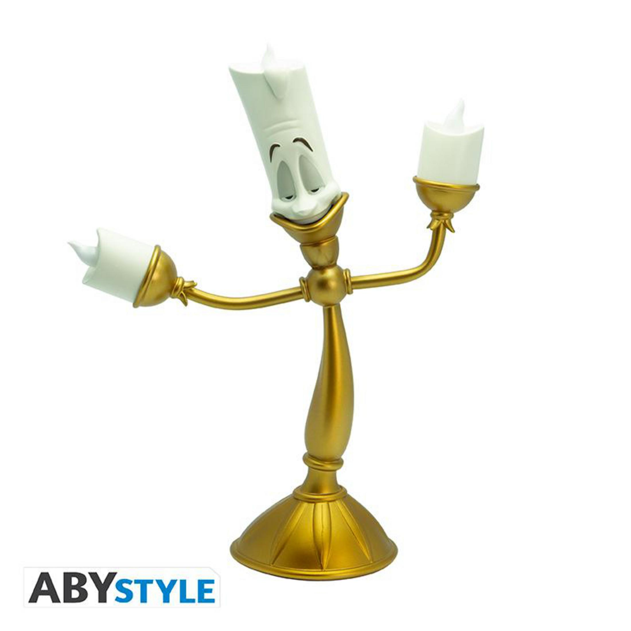 Ein goldener, animierter Kerzenständer aus Die Schöne und das Biest mit lächelndem Gesicht.