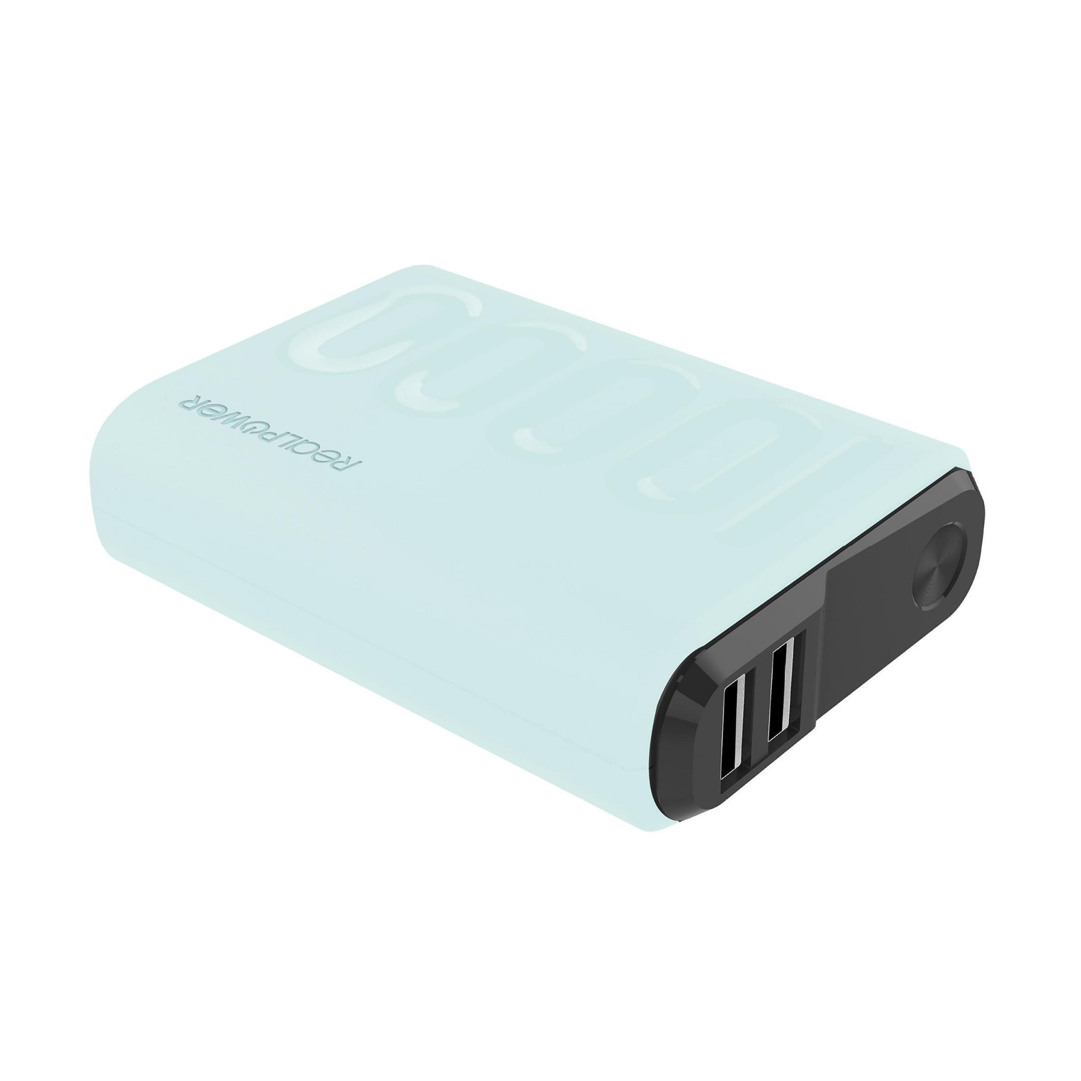 Un power bank azzurro con due porte USB.