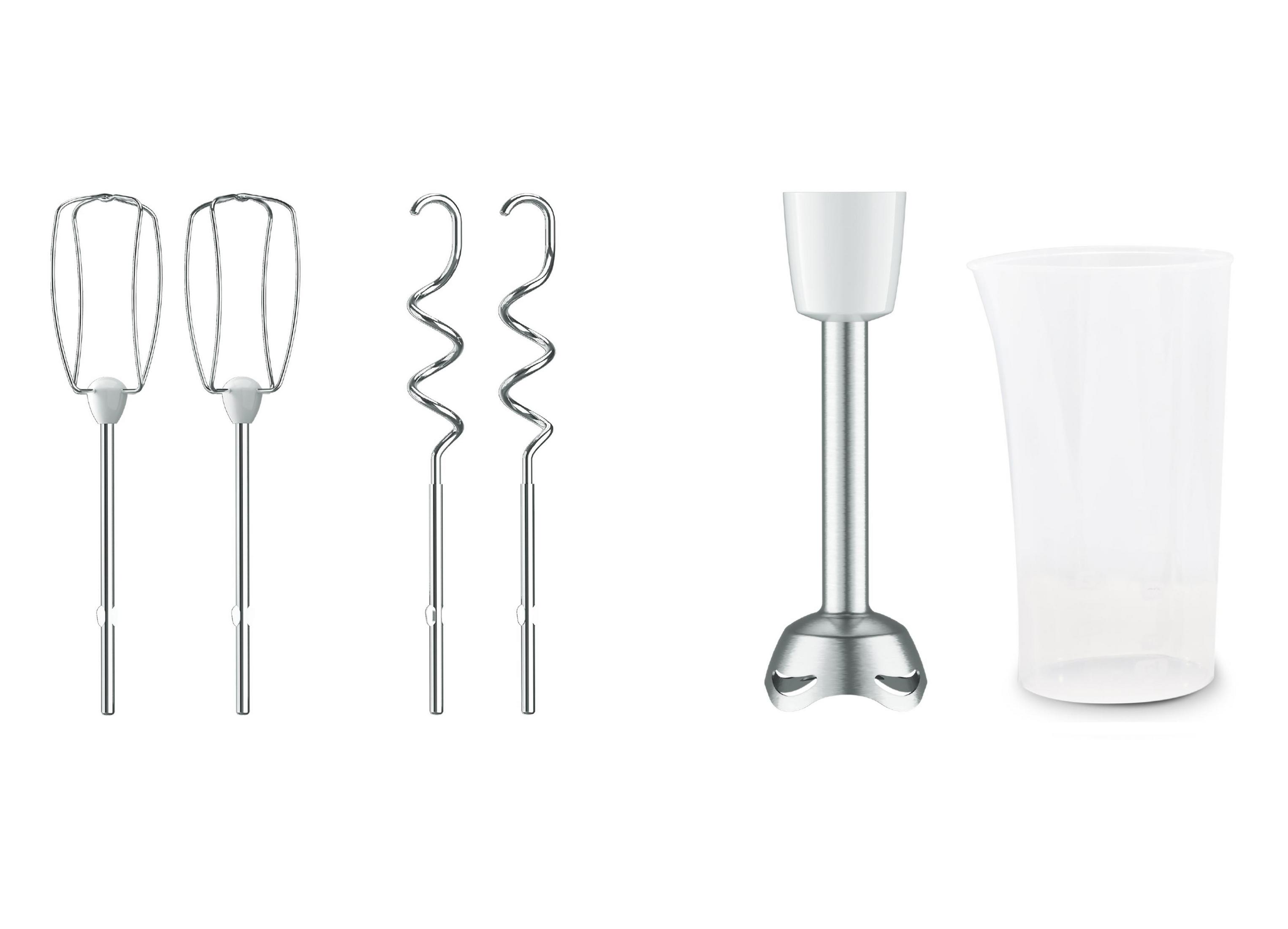 Various stainless steel mixer attachments and a clear plastic measuring cup.