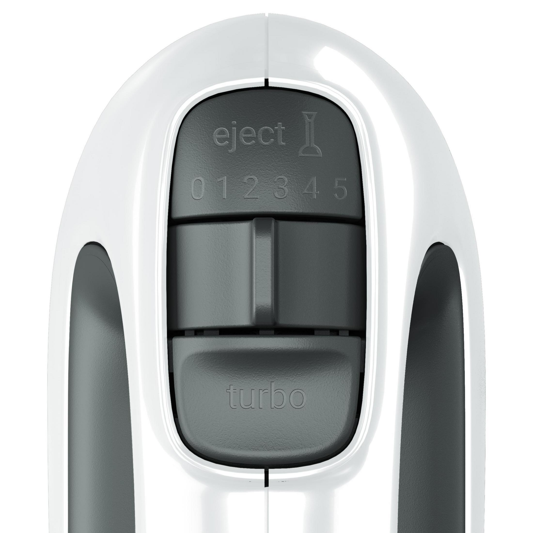 Close-up of a white and gray hand mixer's control panel with buttons.
