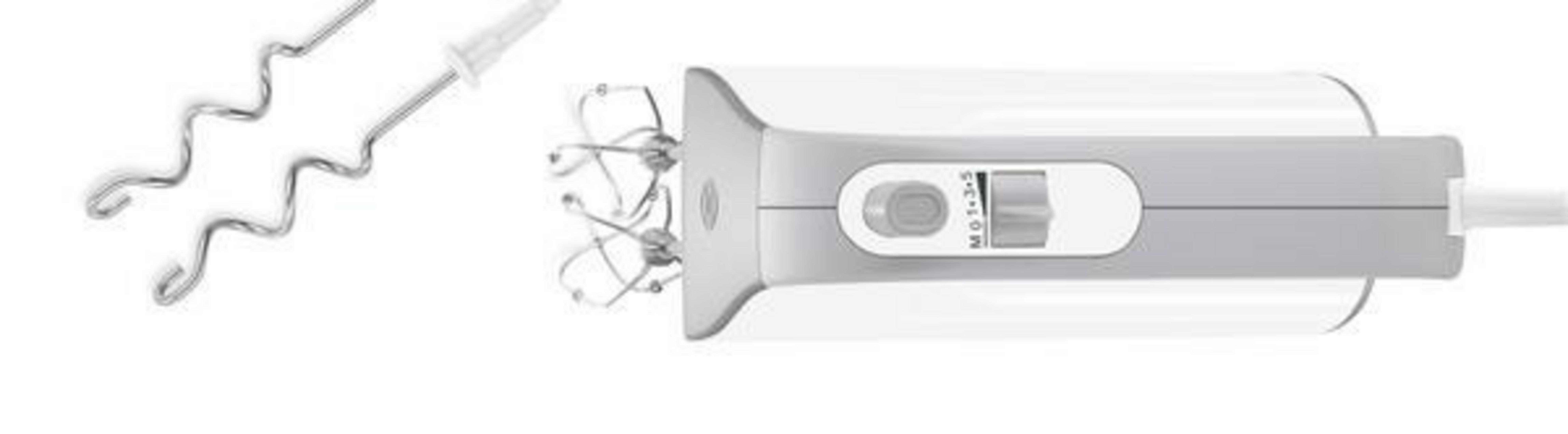 A white and grey hand mixer with two beaters and two spiral mixing attachments.