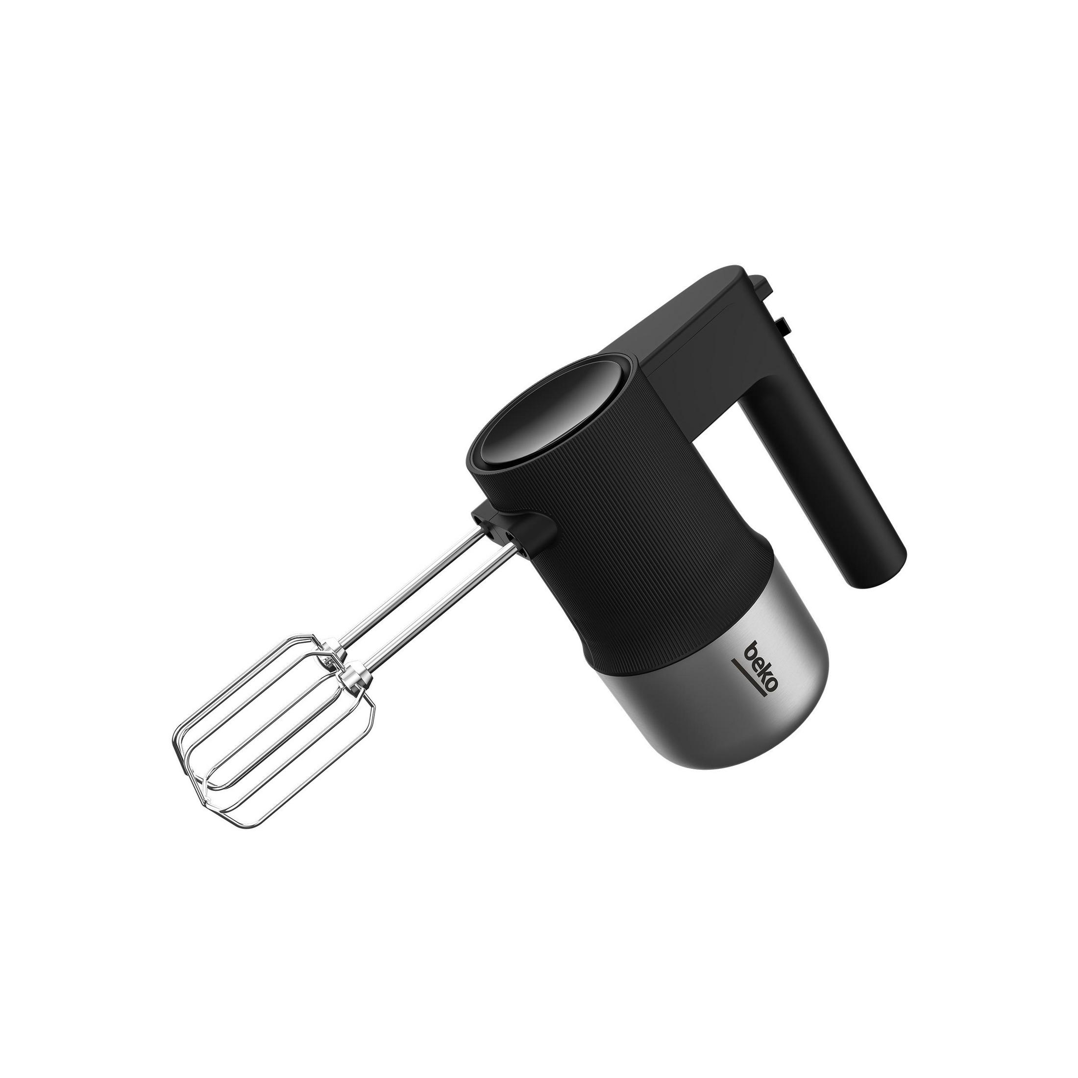 Schwarzer und silberner Handmixer mit Schneebesenaufsatz, beko-Logo, weißer Hintergrund.