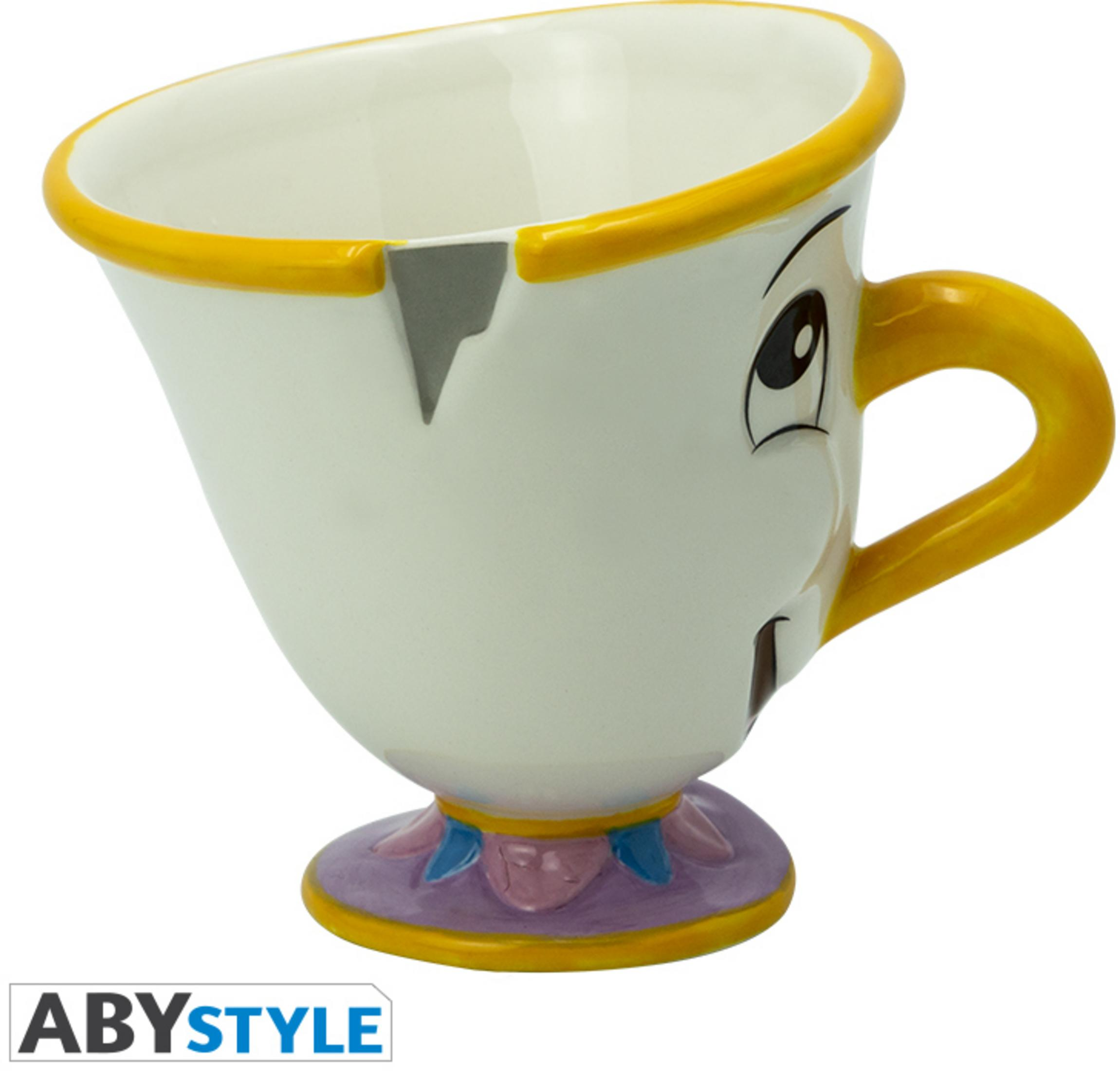 Taza de Chip de La Bella y la Bestia, blanca con asa y ribete amarillos.