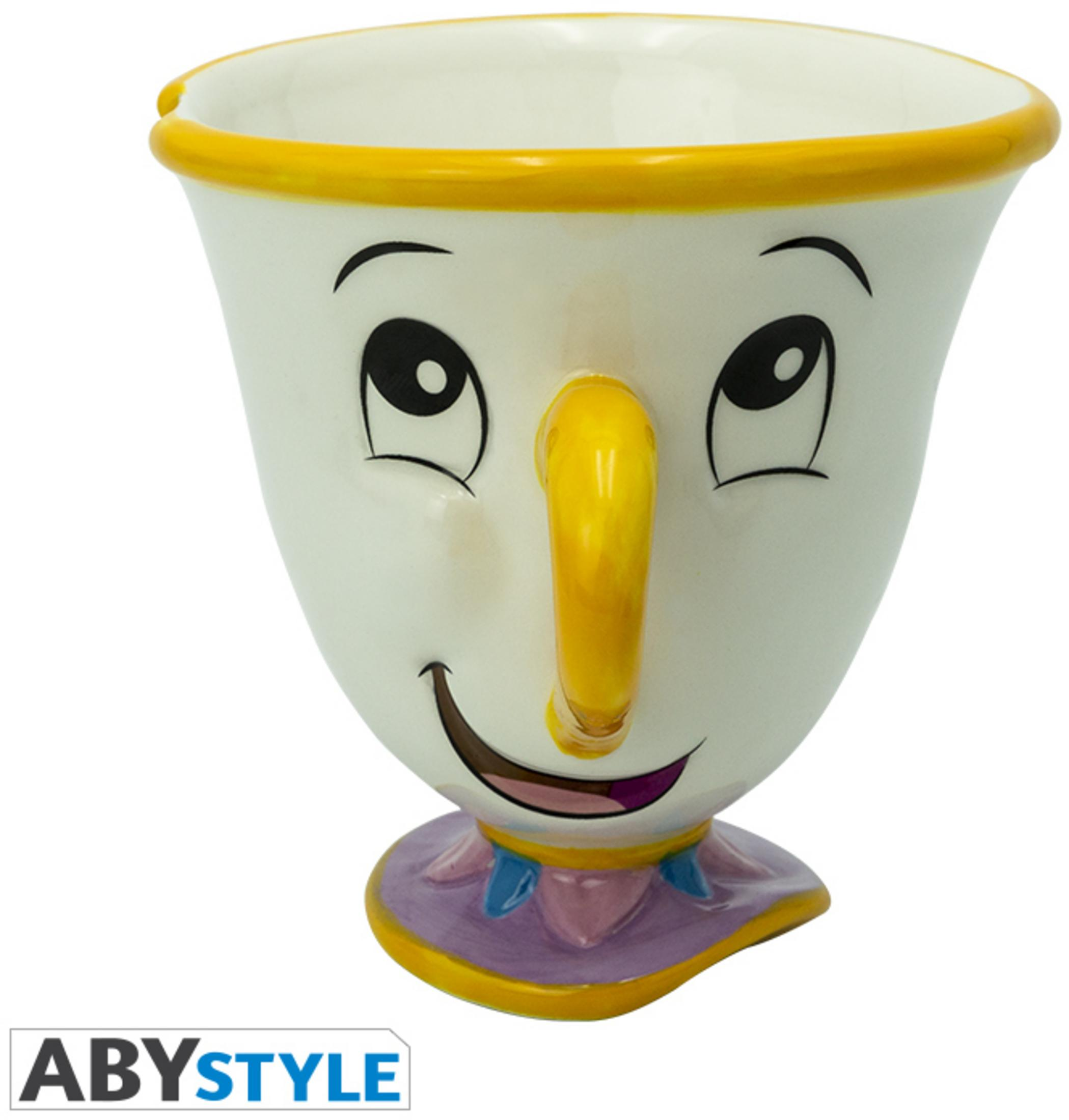 Taza de Chip de La Bella y la Bestia. Blanca, asa y borde amarillos, cara sonriente, base morada.