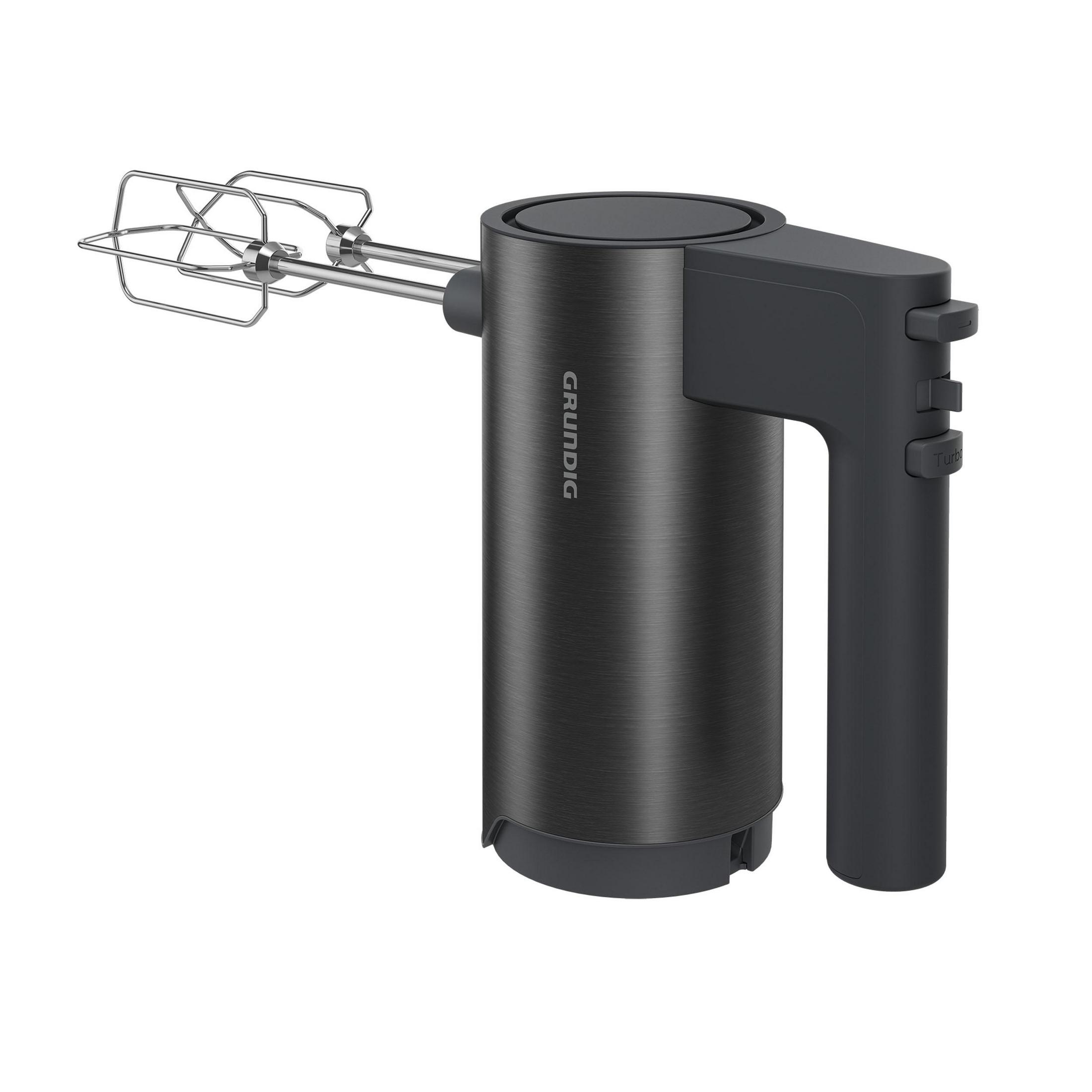 Schwarzer Grundig Handmixer mit grauem Griff. Edelstahl-Schneebesen sind sichtbar.