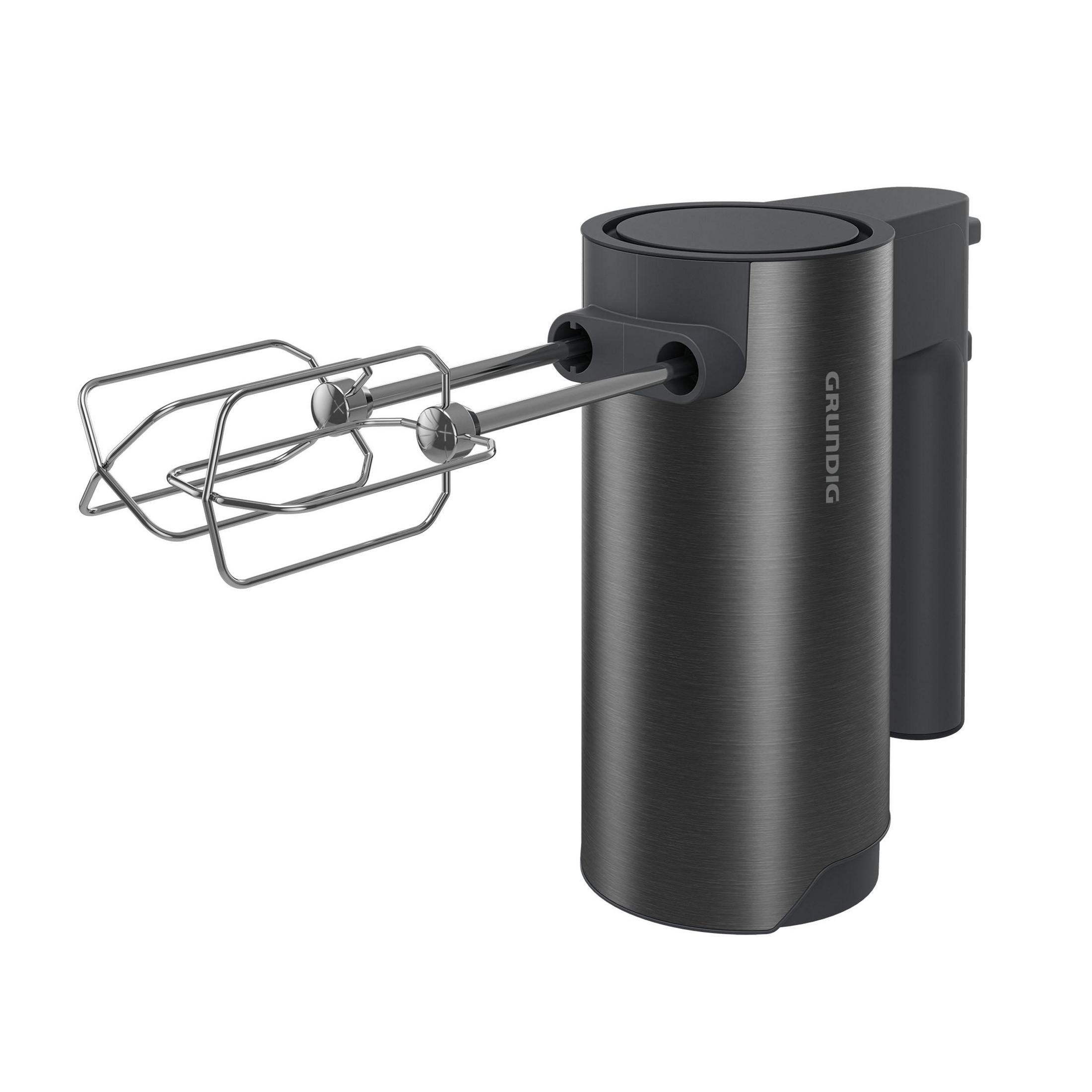Ein dunkelgrauer Handmixer mit Grundig-Logo und zwei Schneebesen am Mixerkopf befestigt.