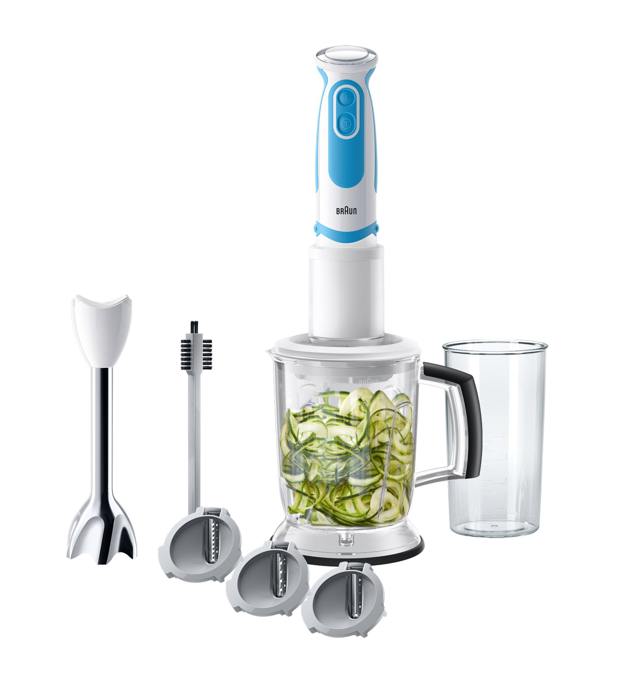 Batidora de inmersión Braun con accesorios. Incluye cuchillas, un batidor y un recipiente con calabacín.