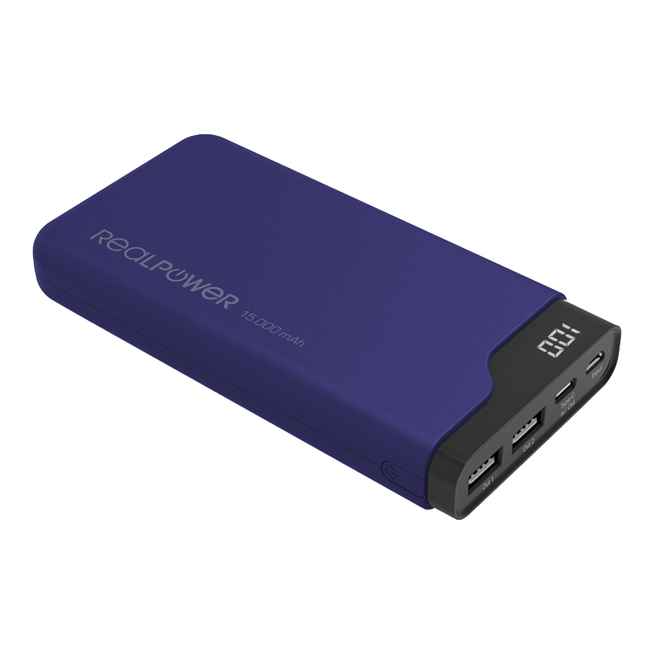 REALPOWER 333643 PB-15000C NAVY BLUE Powerbank + 2X LADEPORTS 15000 Blue Navy mAh USB