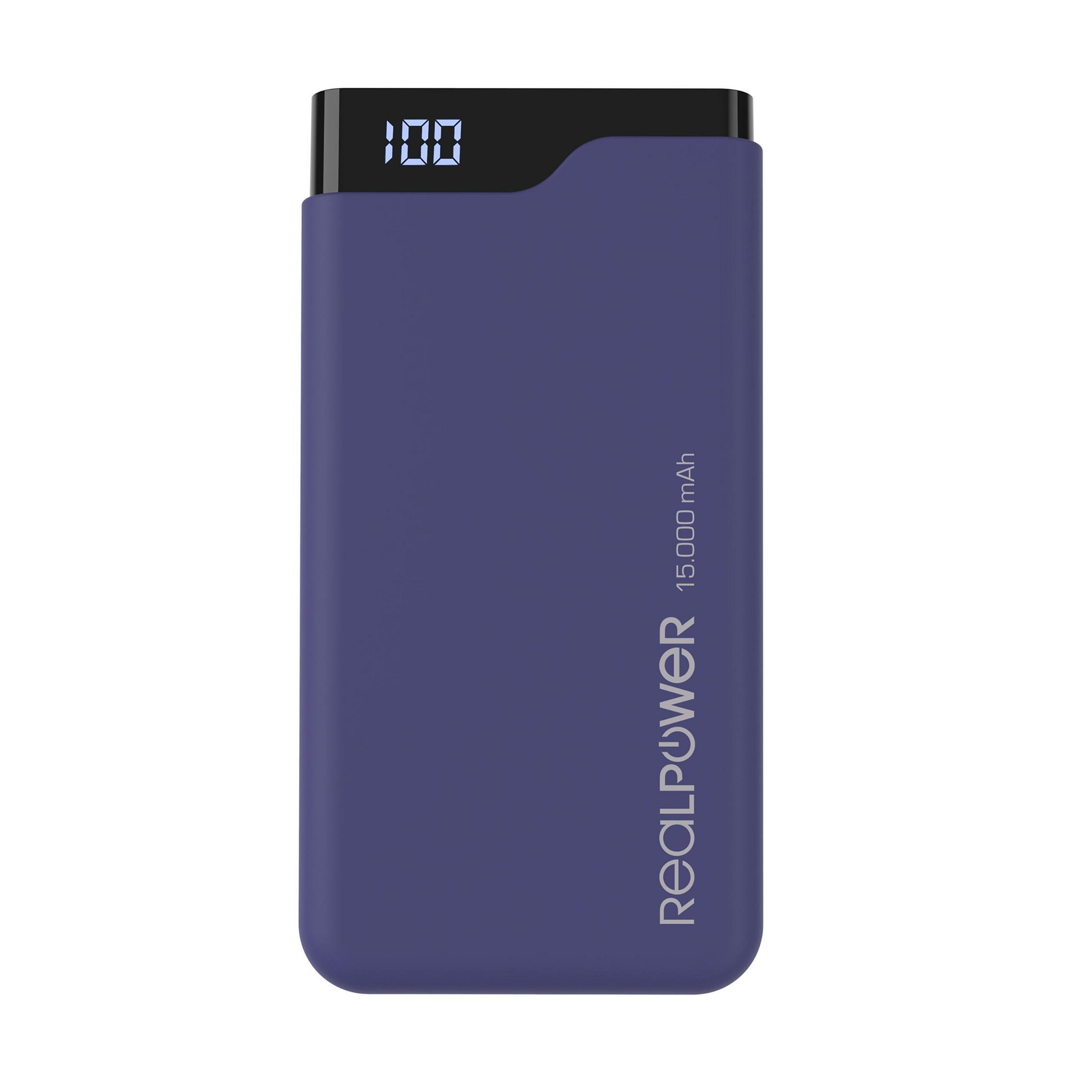 Un power bank rettangolare blu con display digitale che mostra 100 e il logo RealPower.