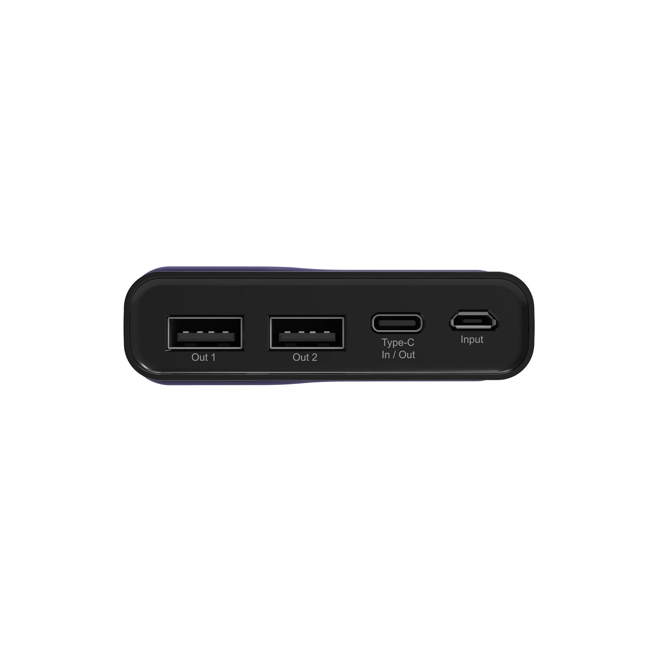 Power bank nero con porte USB, etichettato Out 1, Out 2, Type-C In/Out e Input, sfondo bianco.