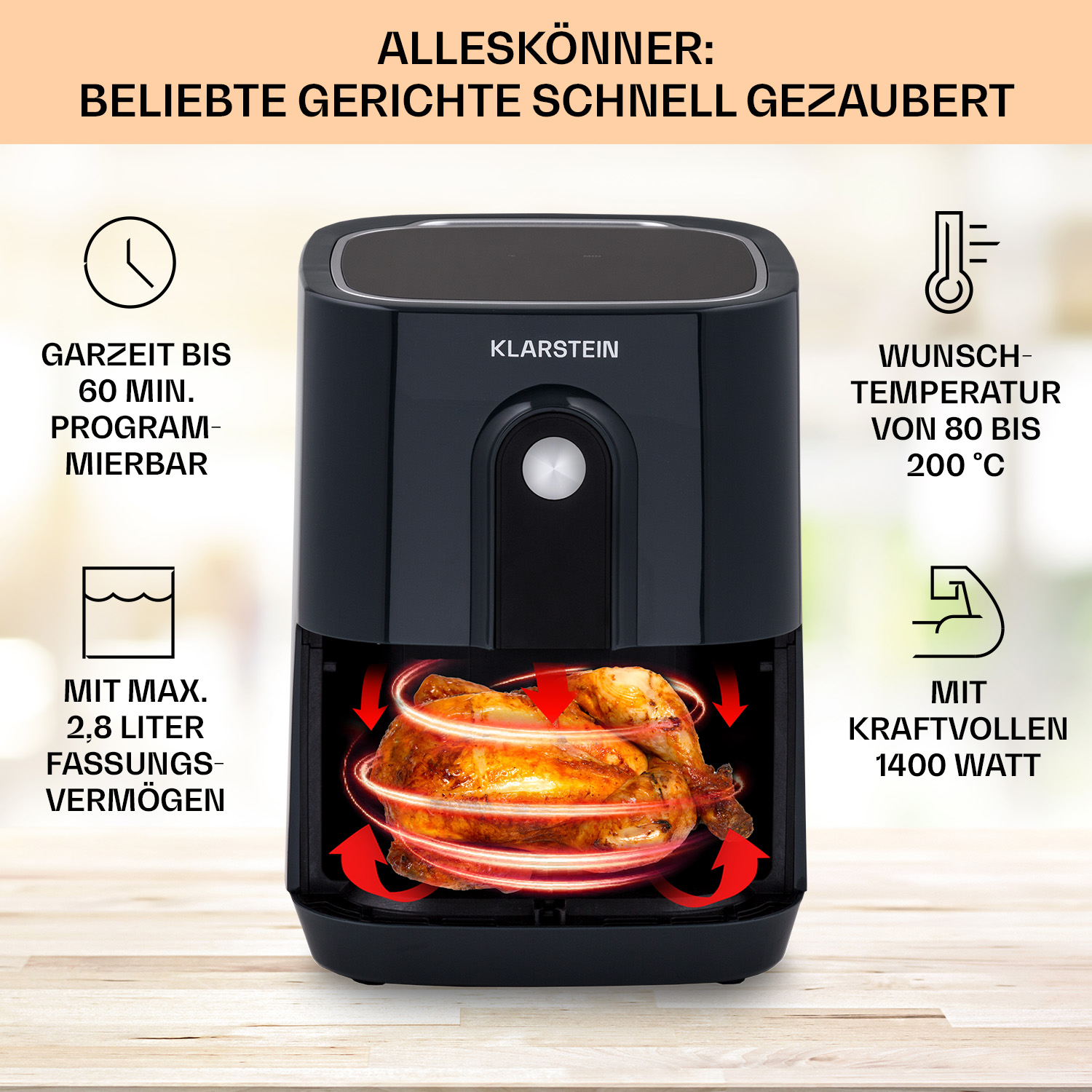 Schwarze Heißluftfritteuse mit Text und Symbolen, die Eigenschaften und Funktionen anzeigen.