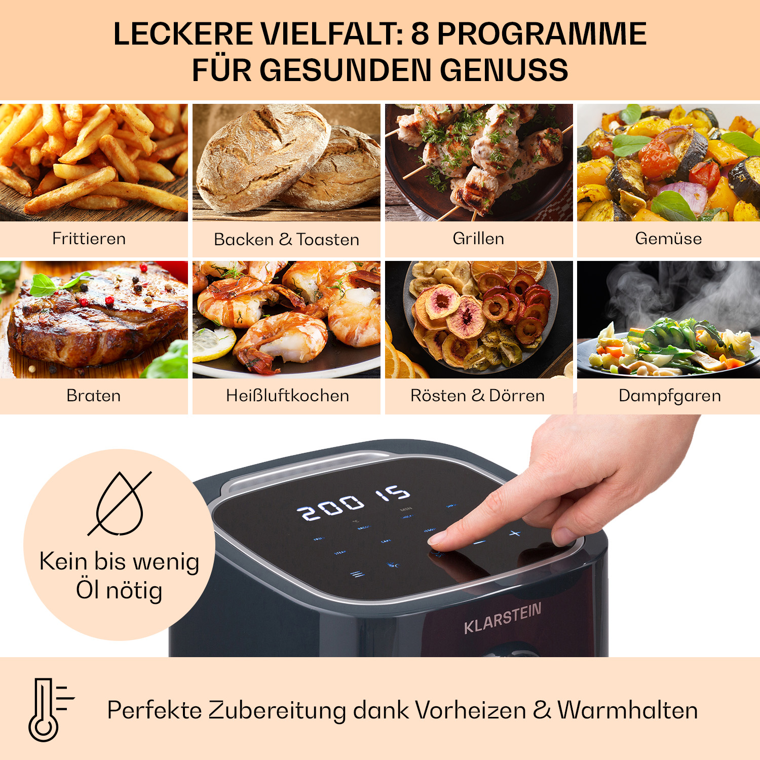 Eine Heißluftfritteuse mit Touchscreen und einer Hand, die den Bildschirm berührt. Verschiedene Essensbilder werden angezeigt.