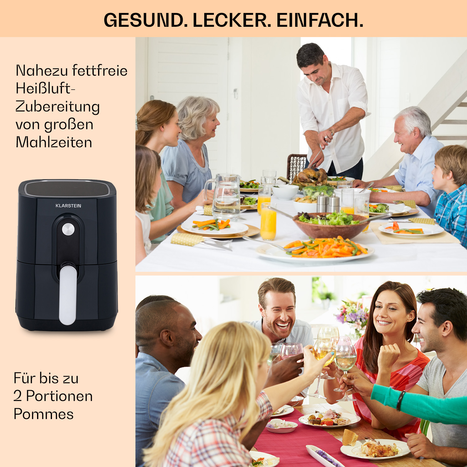 Familie an einem Tisch, manche essen. Eine Heißluftfritteuse ist links. Text: Gesund. Lecker. Einfach.