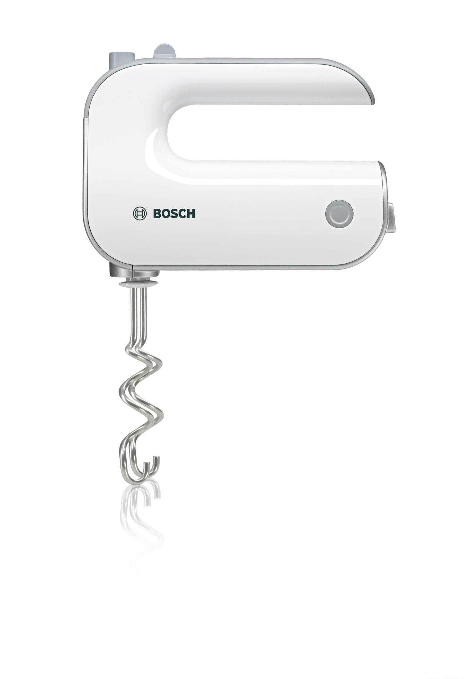 White hand mixer with a Bosch logo. Silver mixing attachment. White background.