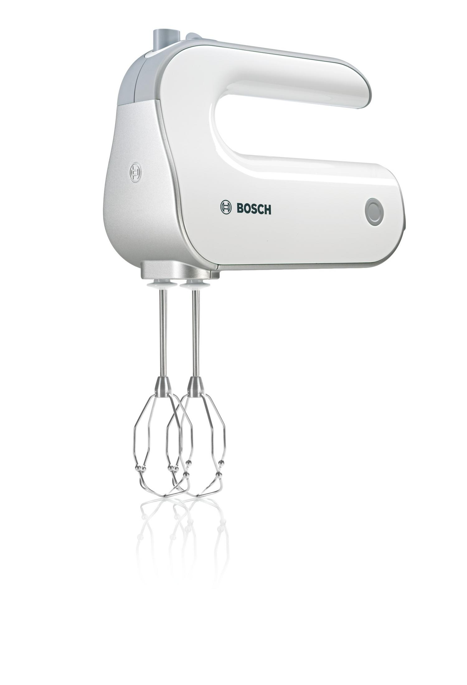White Bosch hand mixer with silver beaters, on a white background, reflecting the mixer.
