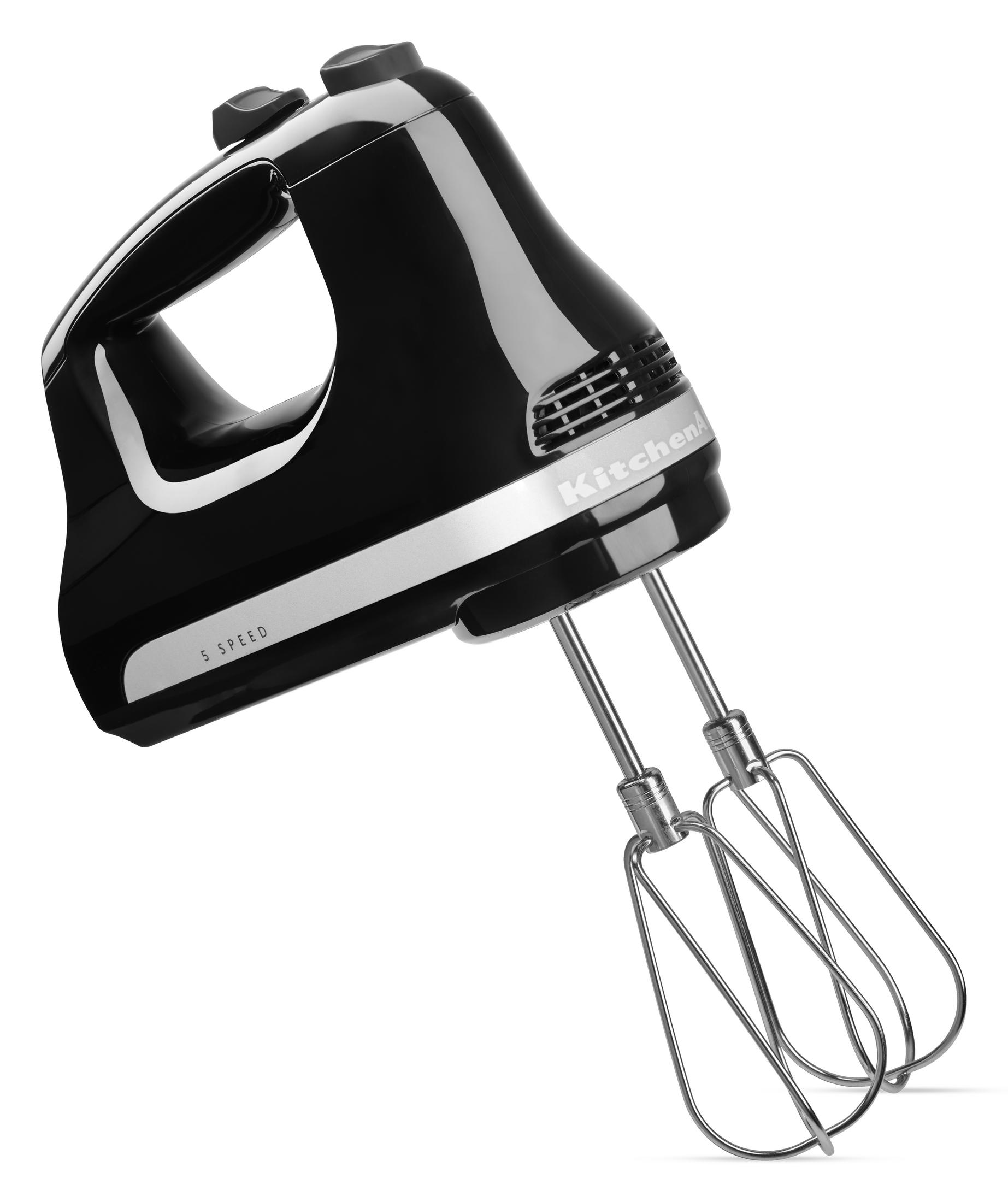 Frullatore a mano KitchenAid nero con dettagli argentati e fruste.